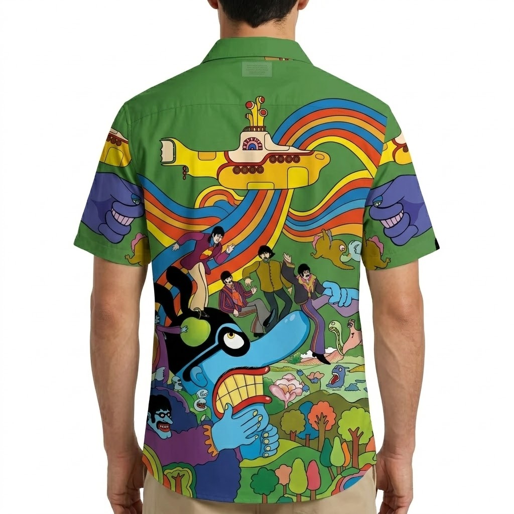 Retro Psychedelic Rock Art Print Short Sleeve Button-Down Shirt