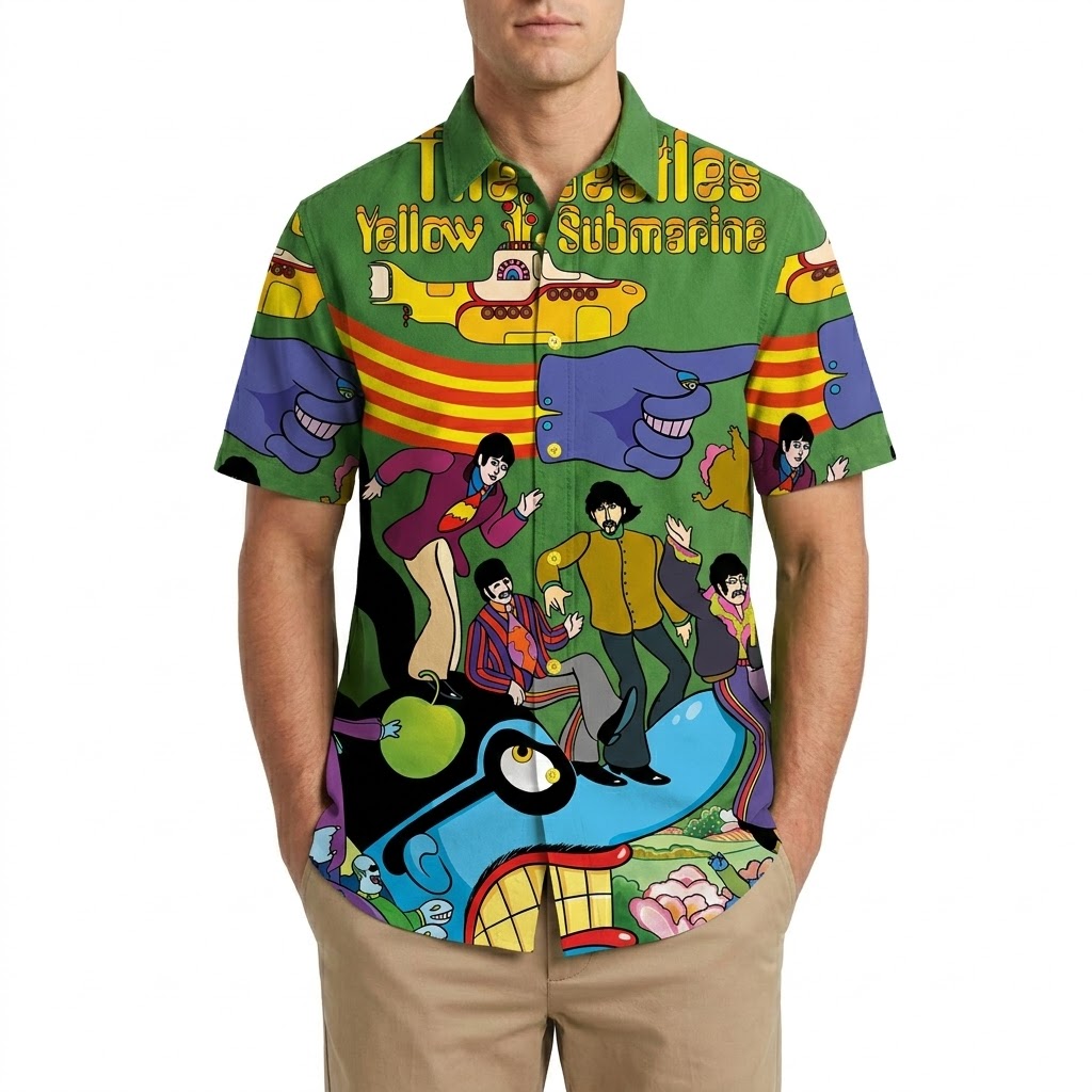 Retro Psychedelic Rock Art Print Short Sleeve Button-Down Shirt