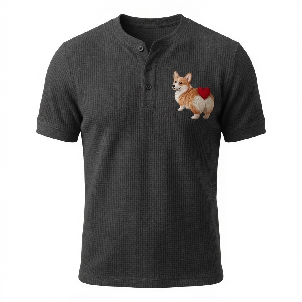  Corgi With Heart Henley Waffle T-Shirt