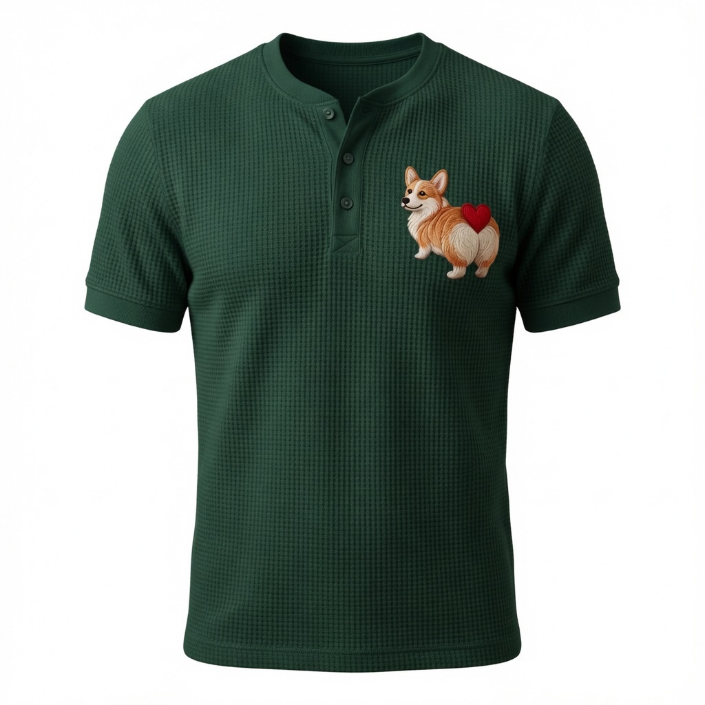  Corgi With Heart Henley Waffle T-Shirt