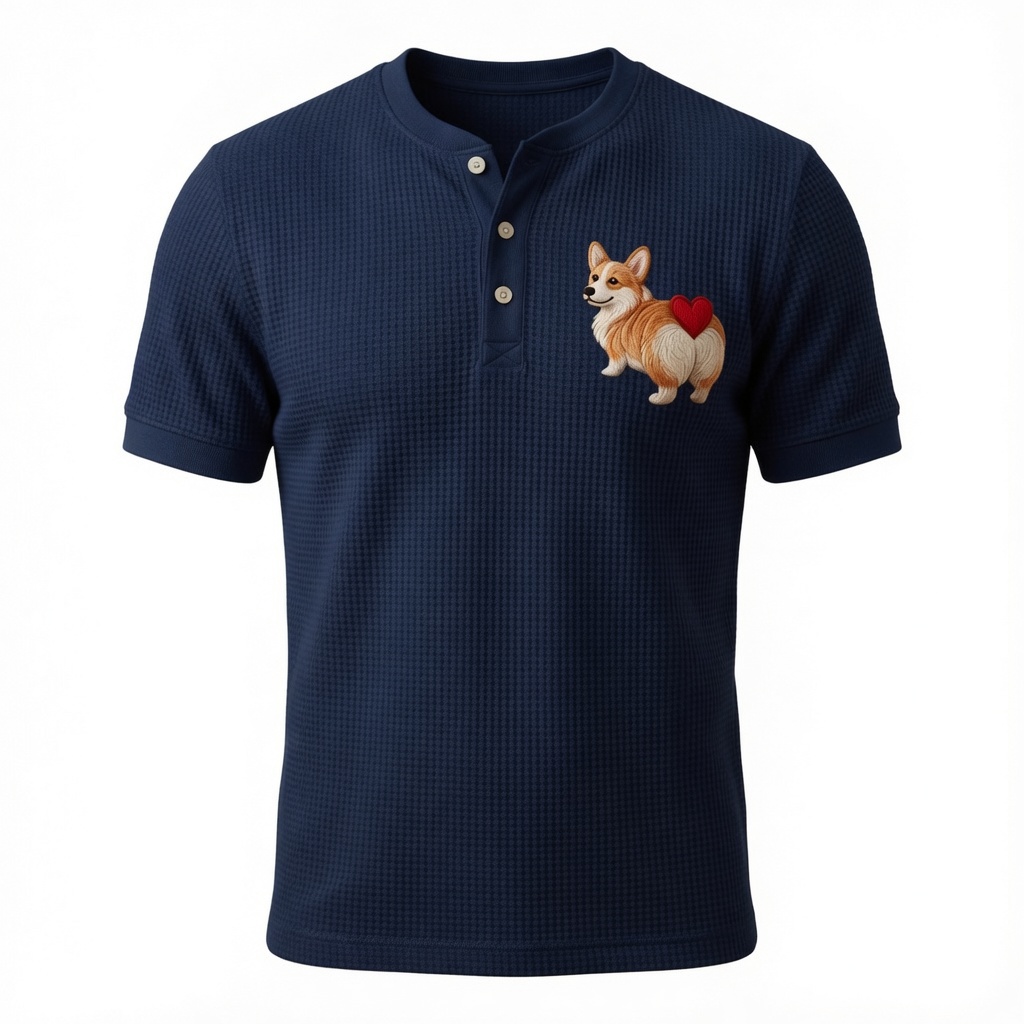  Corgi With Heart Henley Waffle T-Shirt