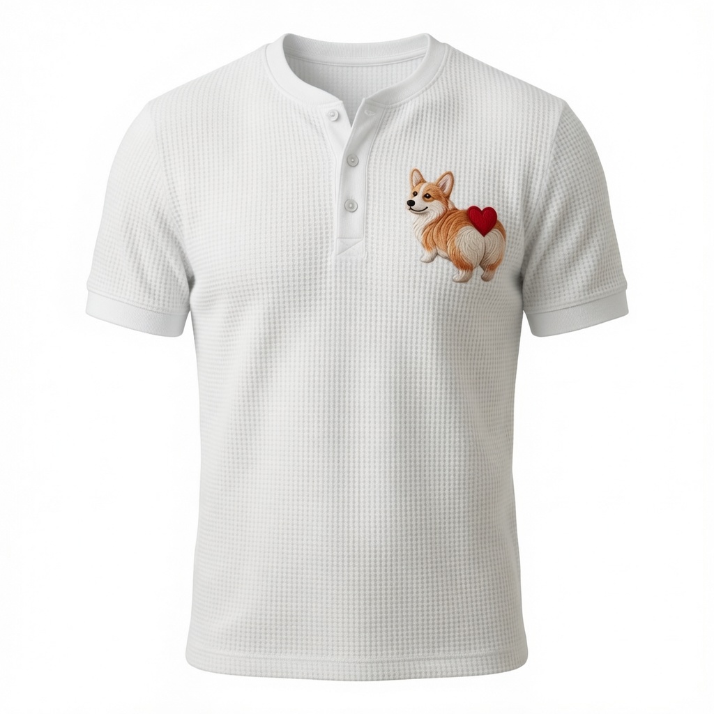  Corgi With Heart Henley Waffle T-Shirt