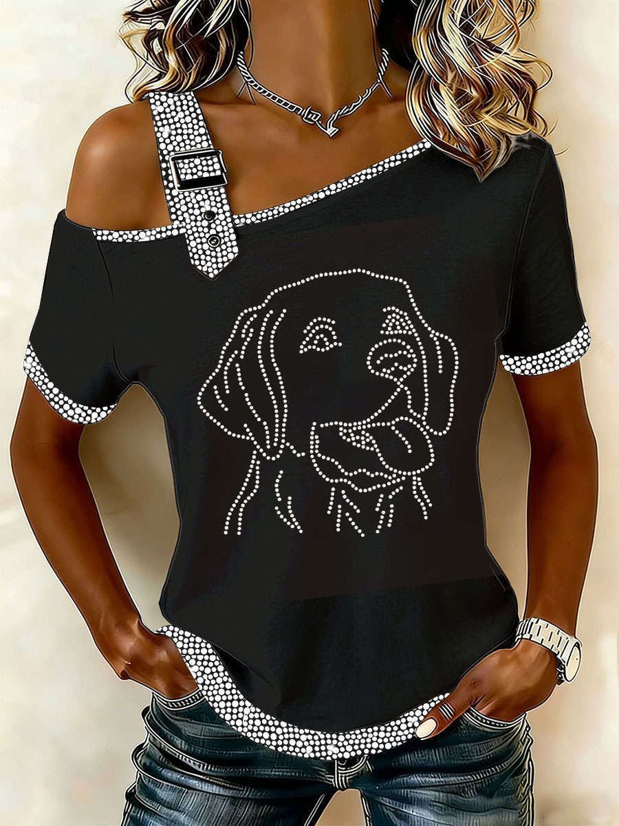 Black off-shoulder dog rhinestone T-shirt