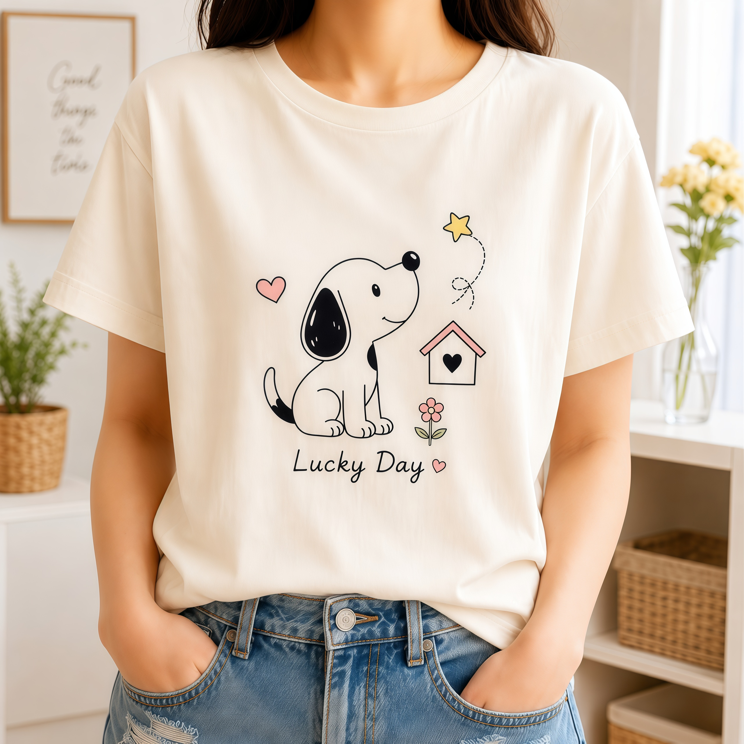 Lucky Day Puppy Illustration Women's Short-Sleeve T-Shirt