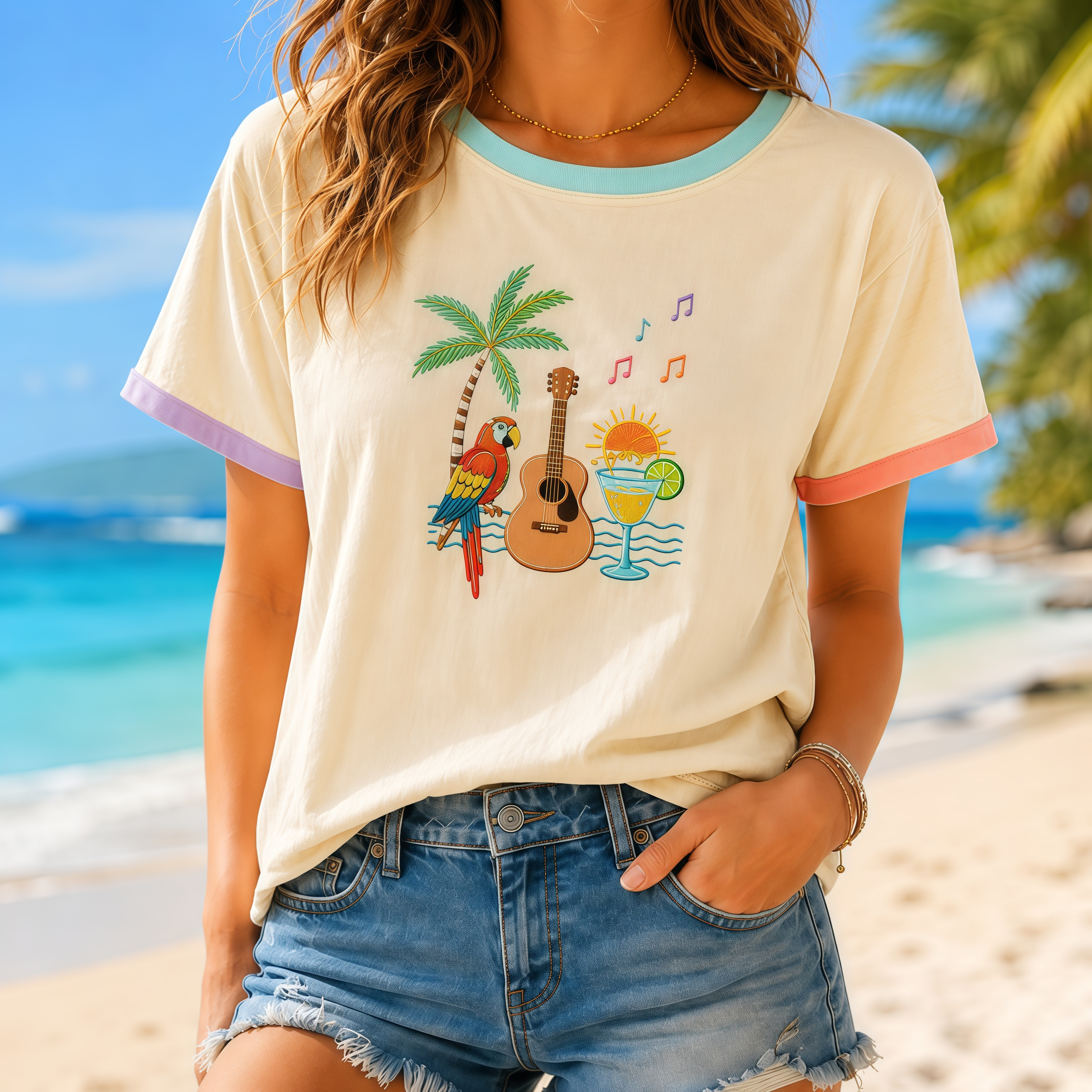 Island resort style women's short-sleeved top