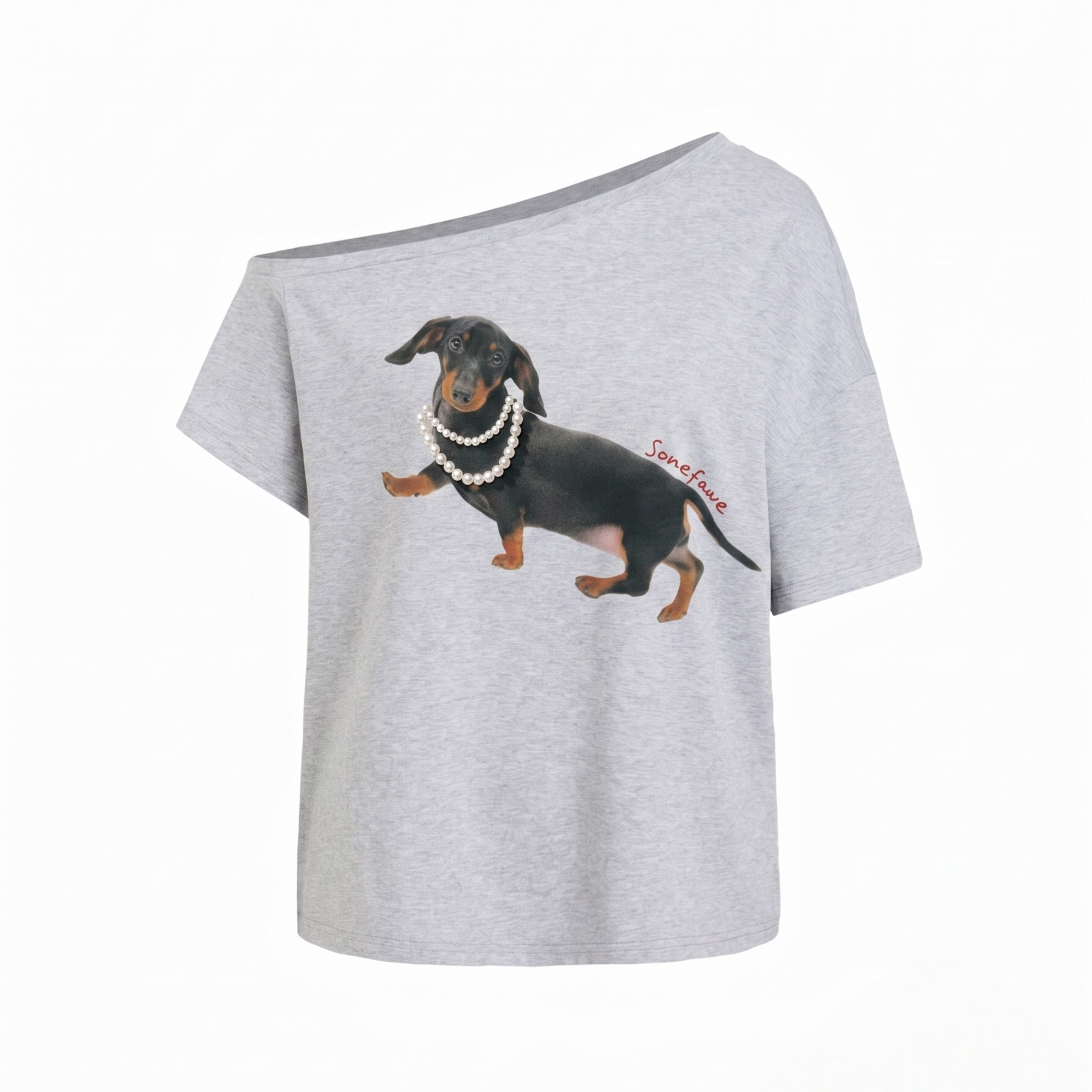 🐾 Love at First Sight: Pearl Sausage Dog Off-Shoulder Tee