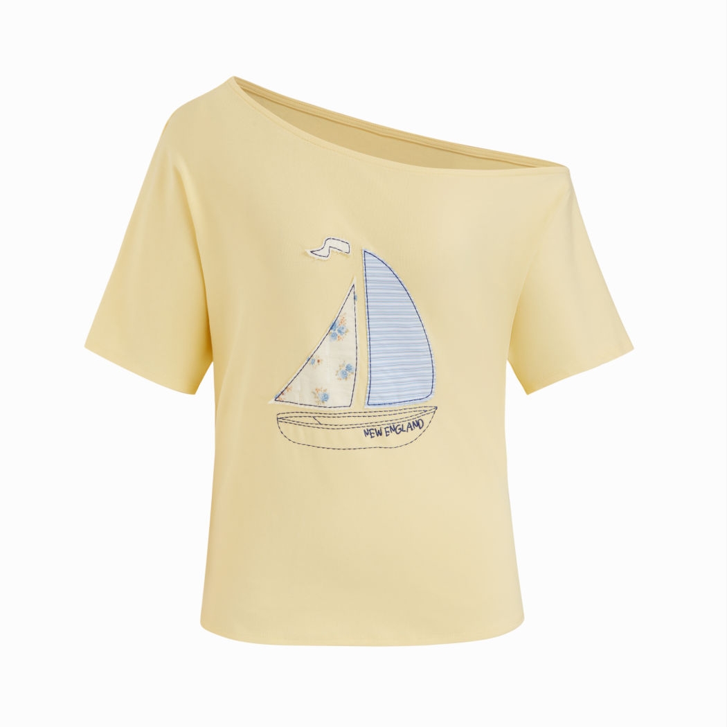 ⛵ Smooth Sailing: New England Vintage Boat Off-Shoulder Tee