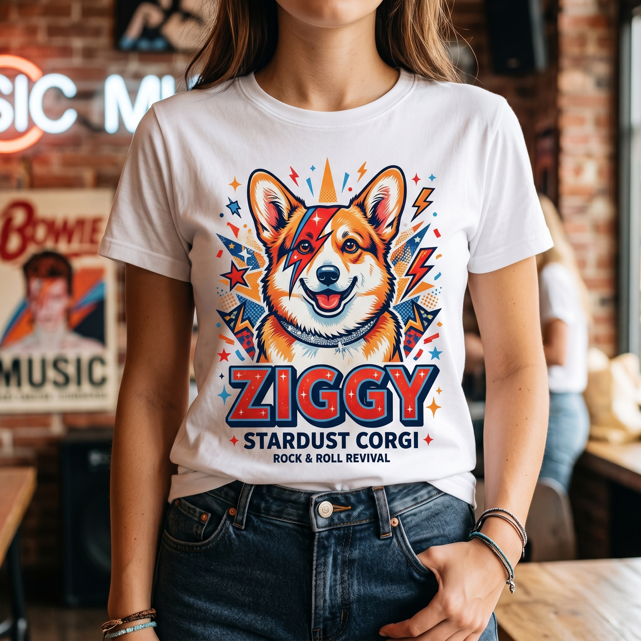 Ziggy Stardust Corgi Graphic T-Shirt: Retro Rock and Roll Music Lover Retro Tee