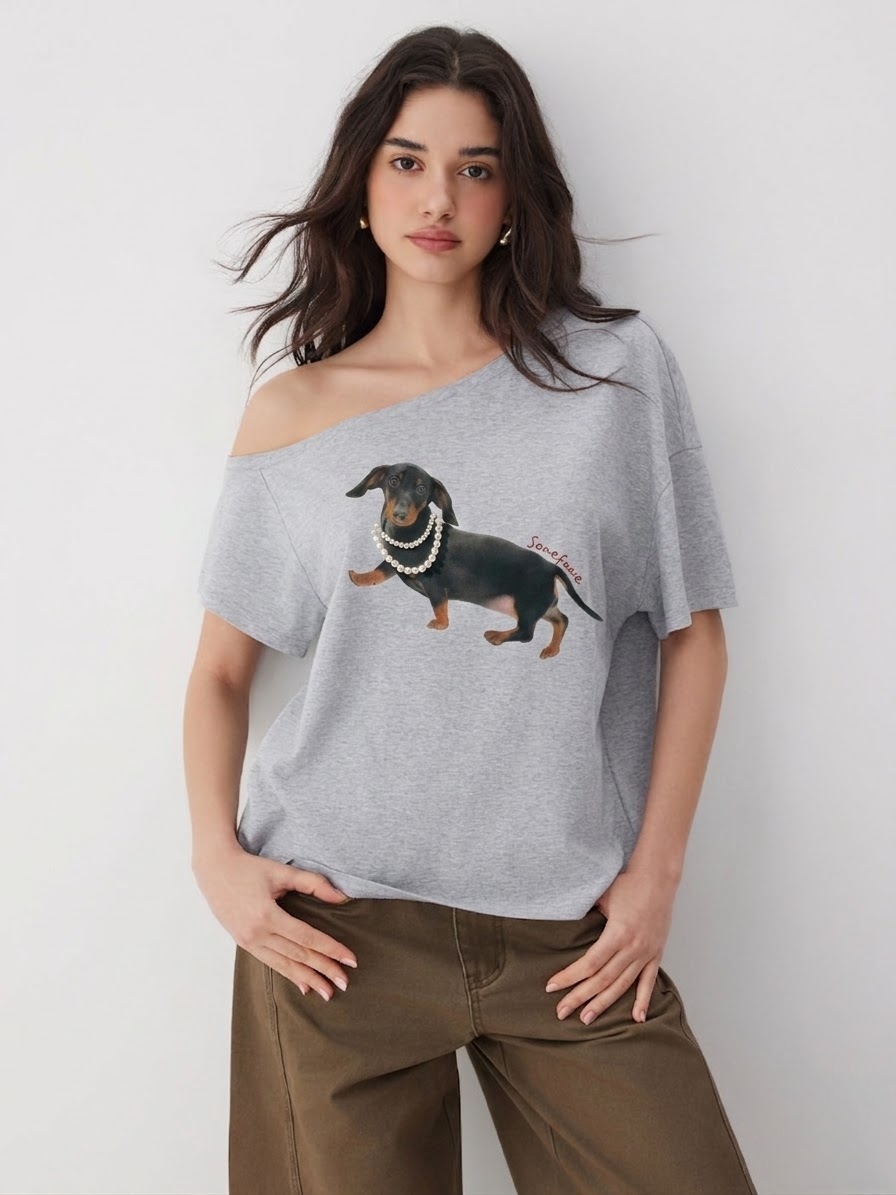 🐾 Love at First Sight: Pearl Sausage Dog Off-Shoulder Tee