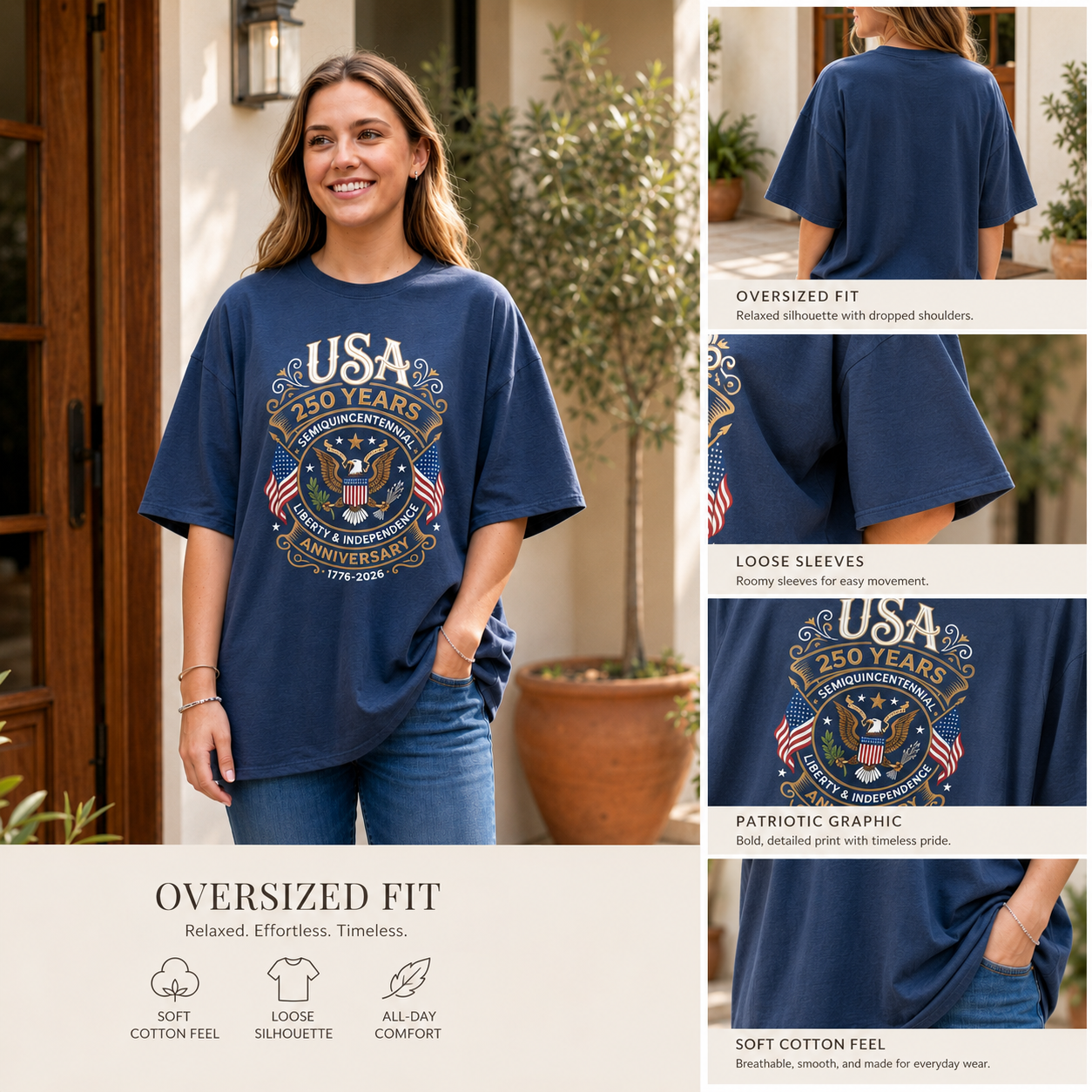 USA 250 Years Semiquincentennial Oversized T-Shirt: Patriotic 1776-2026 Anniversary Graphic Tee