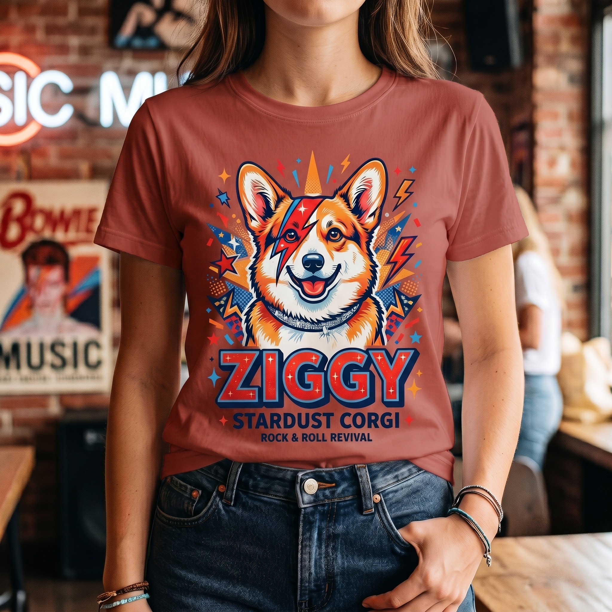 Ziggy Stardust Corgi Graphic T-Shirt: Retro Rock and Roll Music Lover Retro Tee
