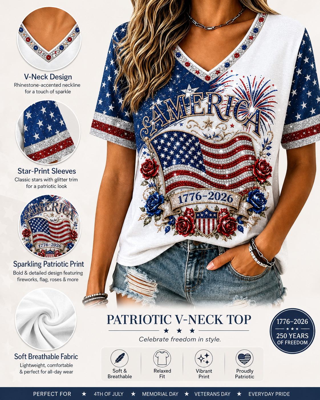 USA Semiquincentennial V-Neck T-Shirt: Patriotic 1776-2026 America Flag Fireworks Graphic Tee