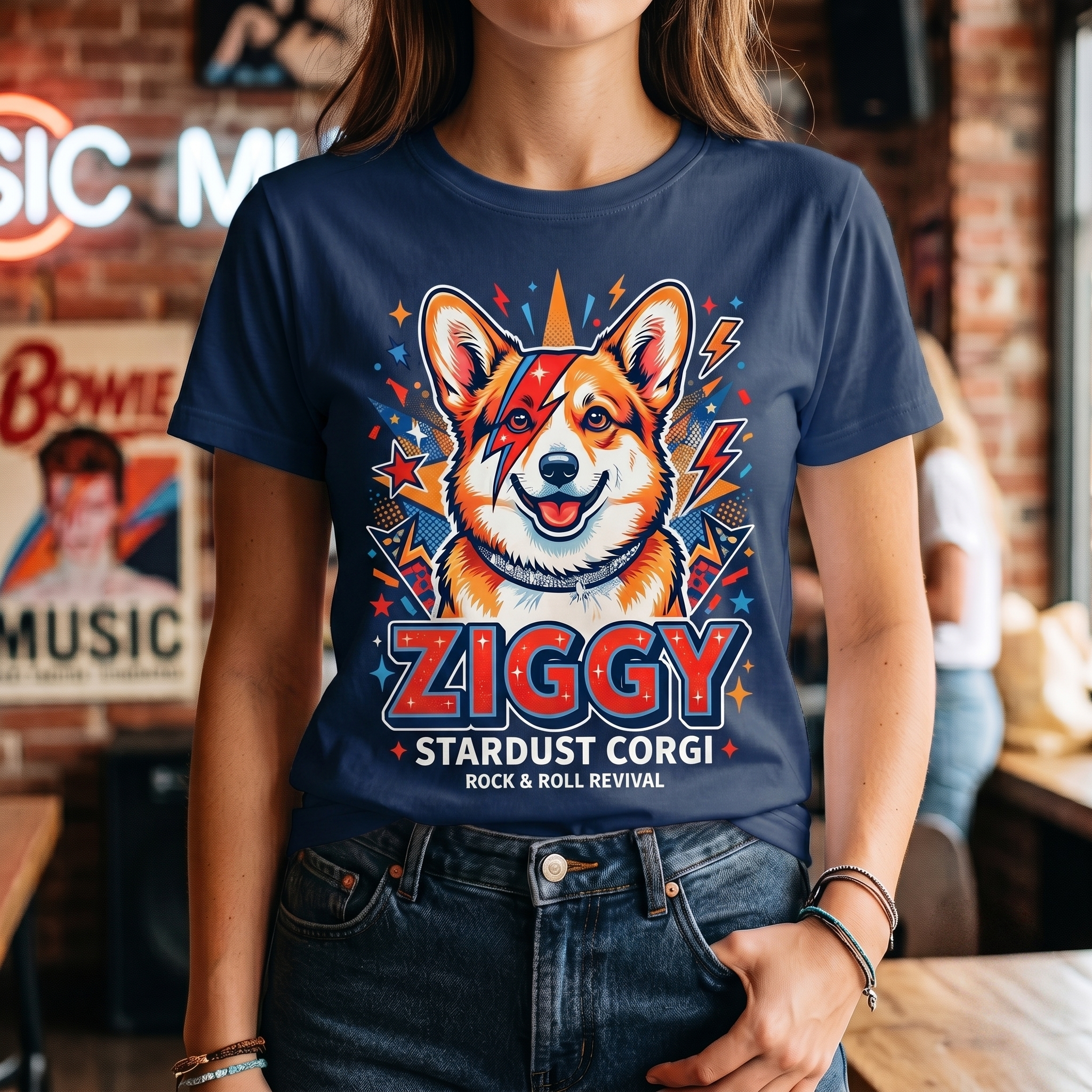 Ziggy Stardust Corgi Graphic T-Shirt: Retro Rock and Roll Music Lover Retro Tee