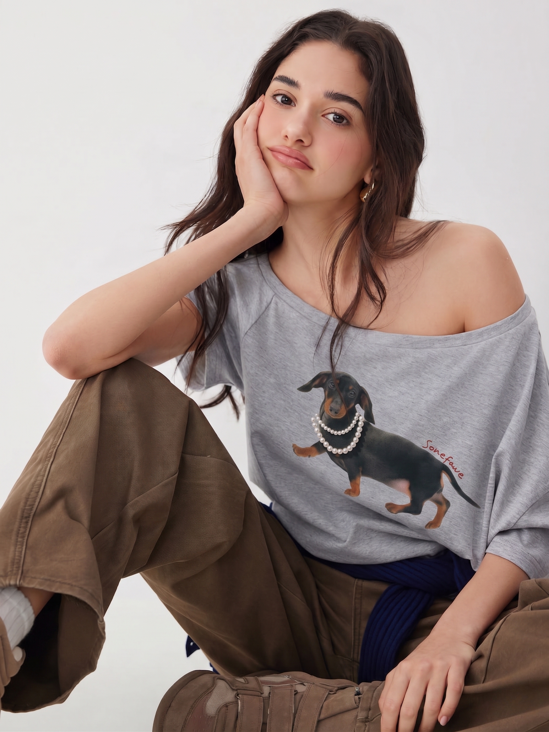 🐾 Love at First Sight: Pearl Sausage Dog Off-Shoulder Tee