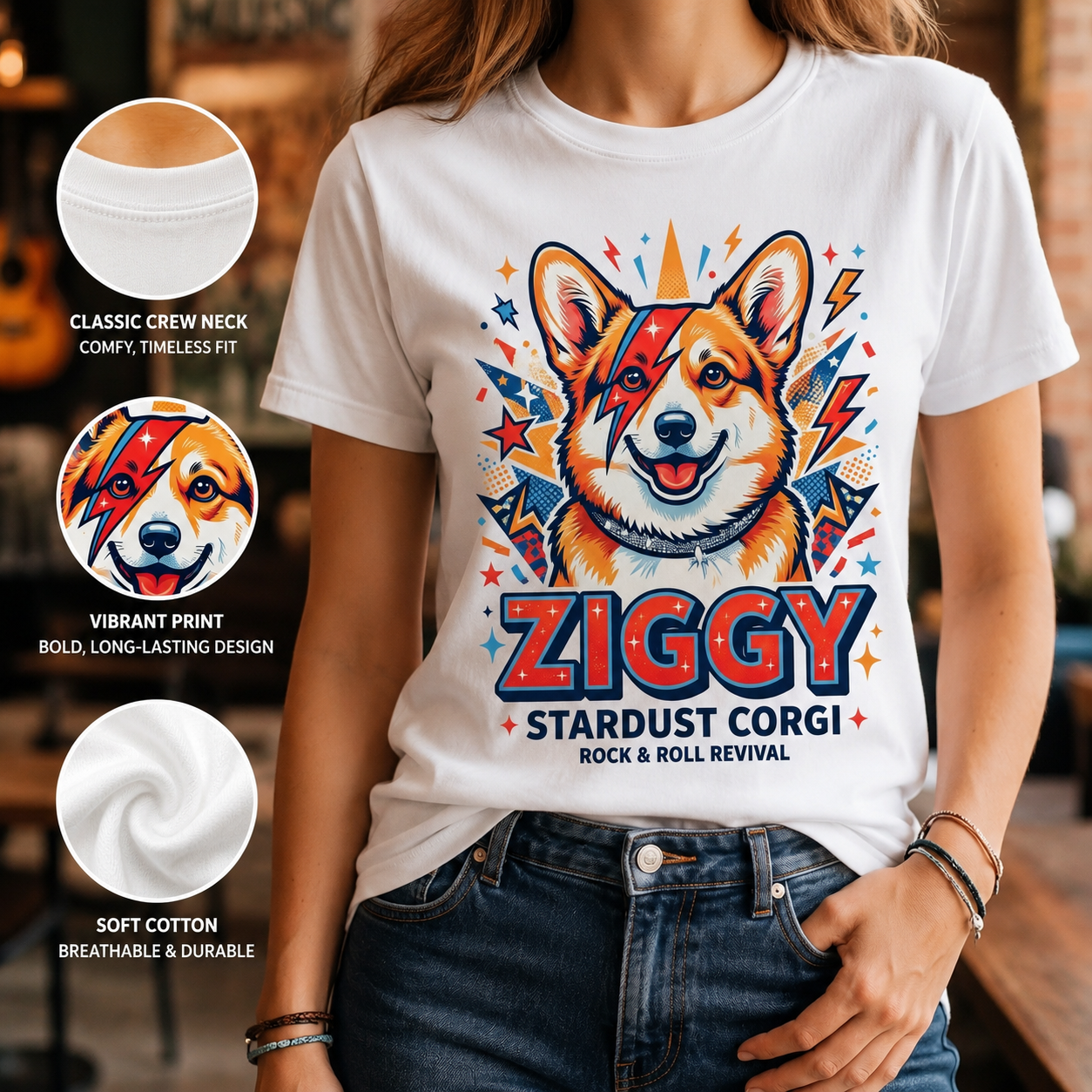 Ziggy Stardust Corgi Graphic T-Shirt: Retro Rock and Roll Music Lover Retro Tee