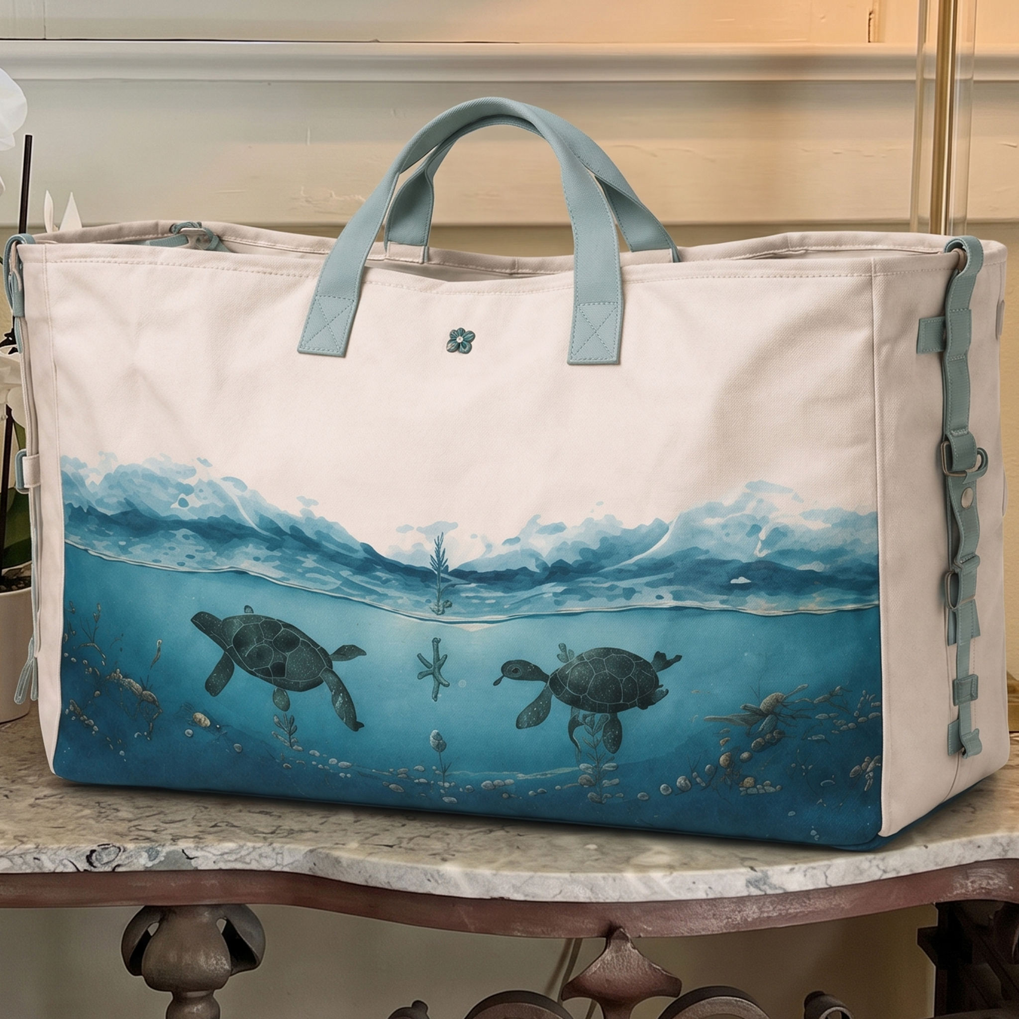 Soothing Deep-Sea Sea Turtle Themed Extra-Large Capacity Reinforced Canvas Utility Tote Bag