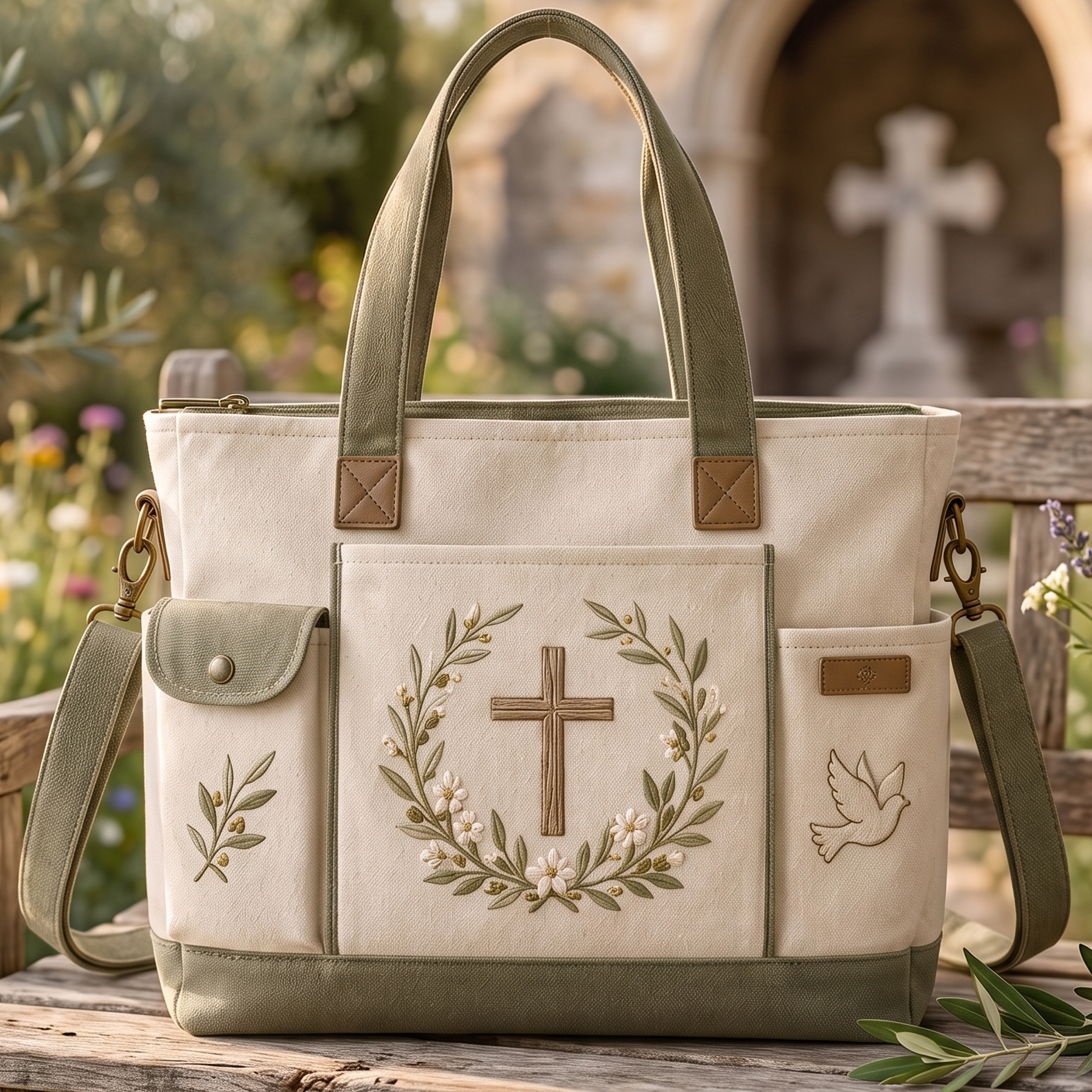 Faith & Peace Vintage Multi-Pocket Heavy-Duty Canvas Tote Bag