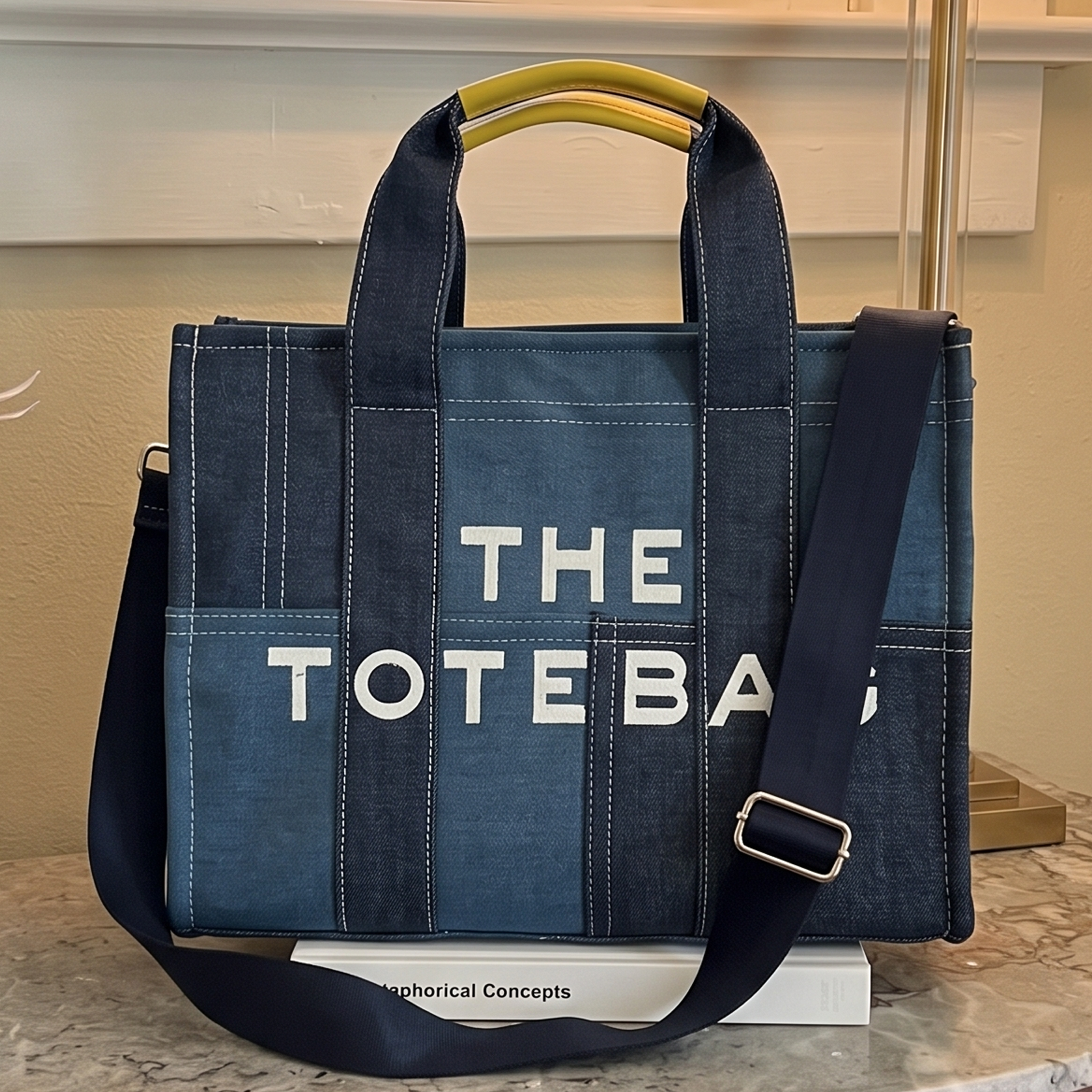 Heavy-duty patchwork denim tote bag with a vintage aesthetic