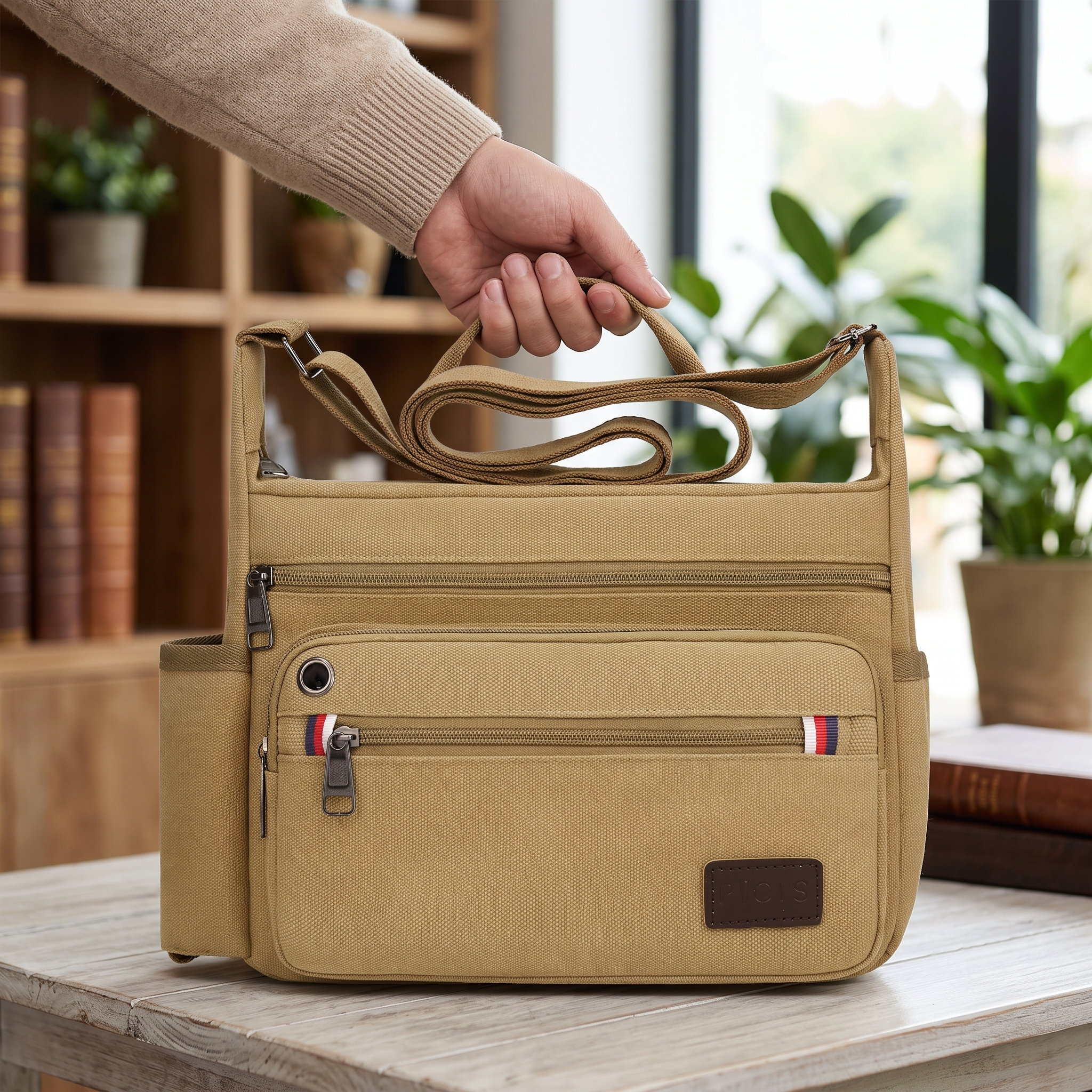 "PICIS" Classic Khaki Multi-Compartment Canvas Commuter Crossbody Bag