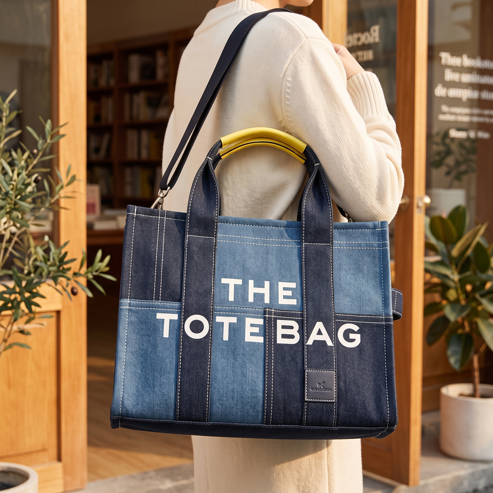 Heavy-duty patchwork denim tote bag with a vintage aesthetic