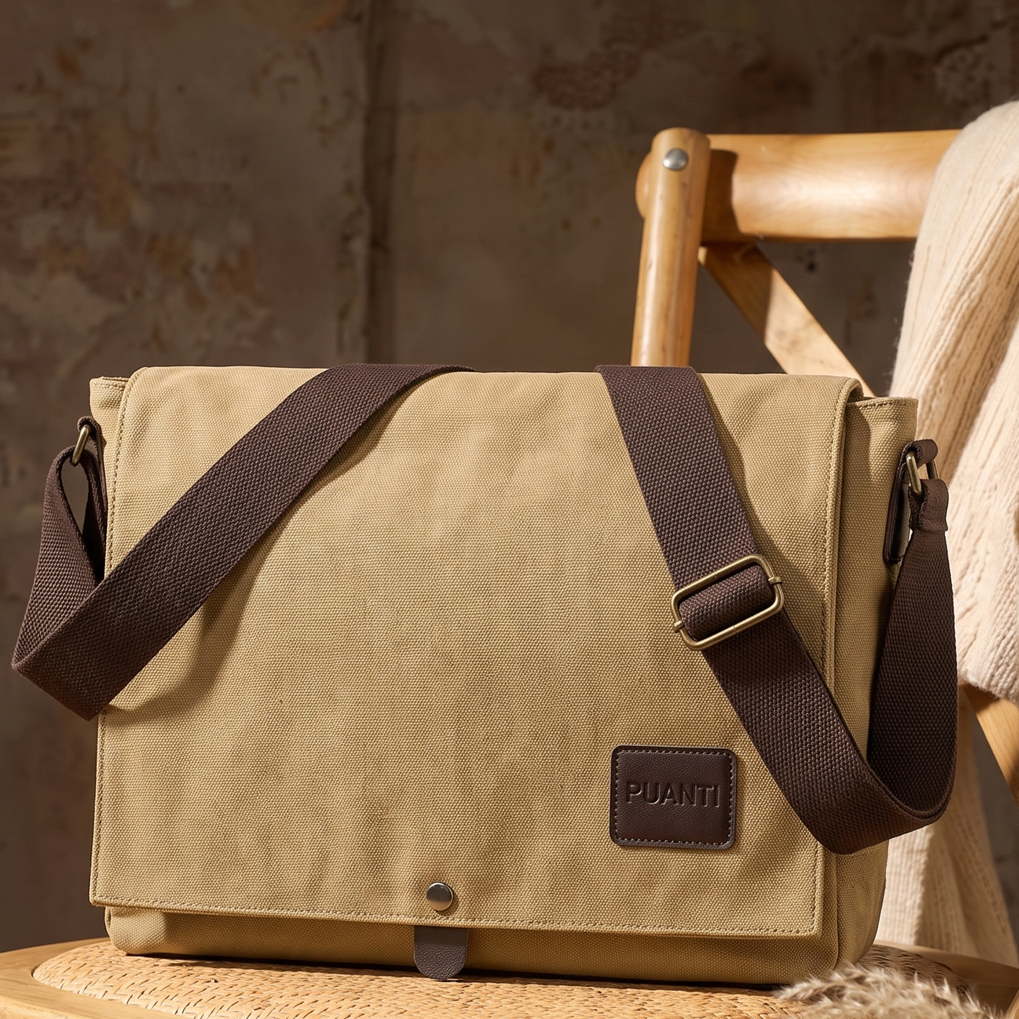 "PUANTI" Classic Khaki Canvas Flap Messenger Crossbody Bag