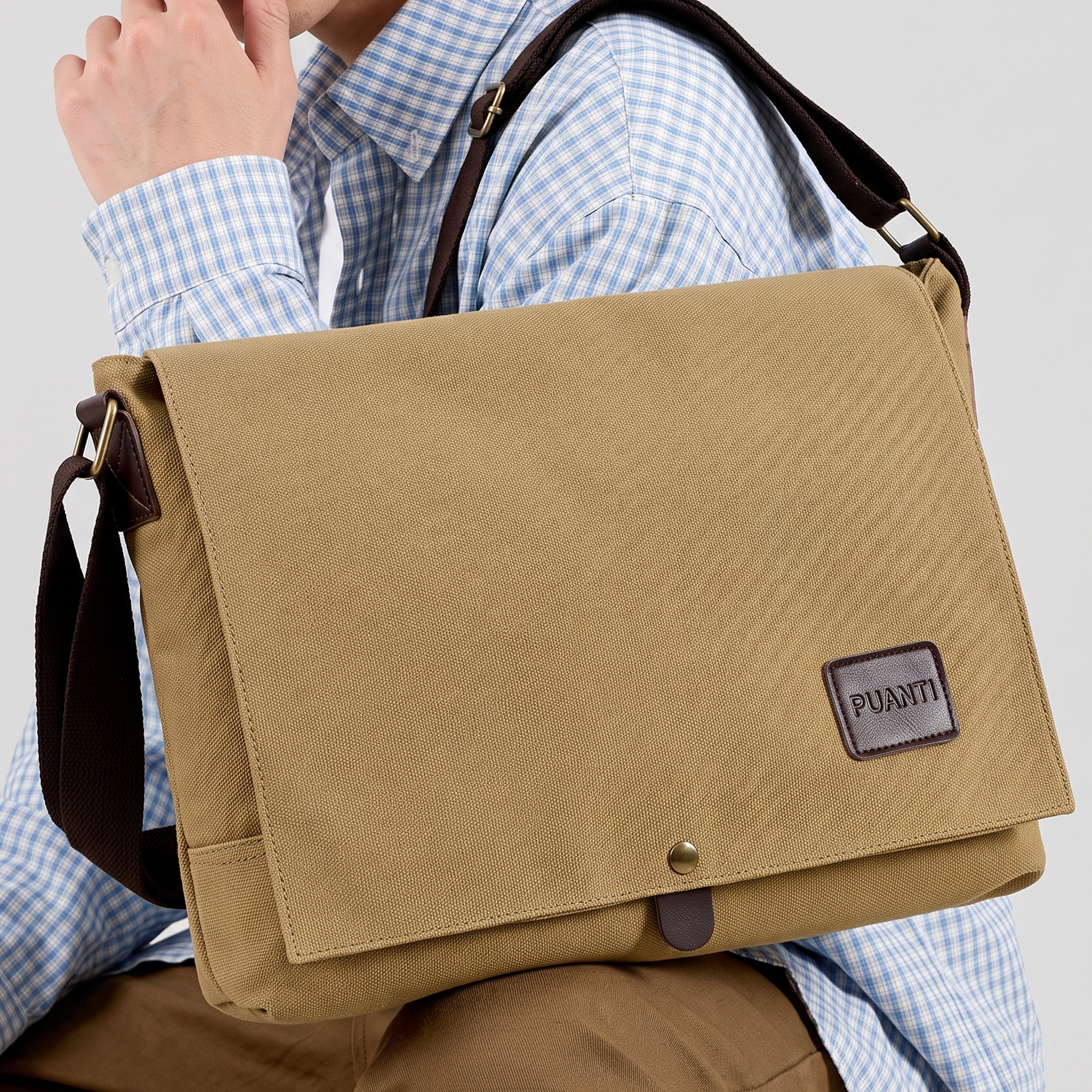 "PUANTI" Classic Khaki Canvas Flap Messenger Crossbody Bag