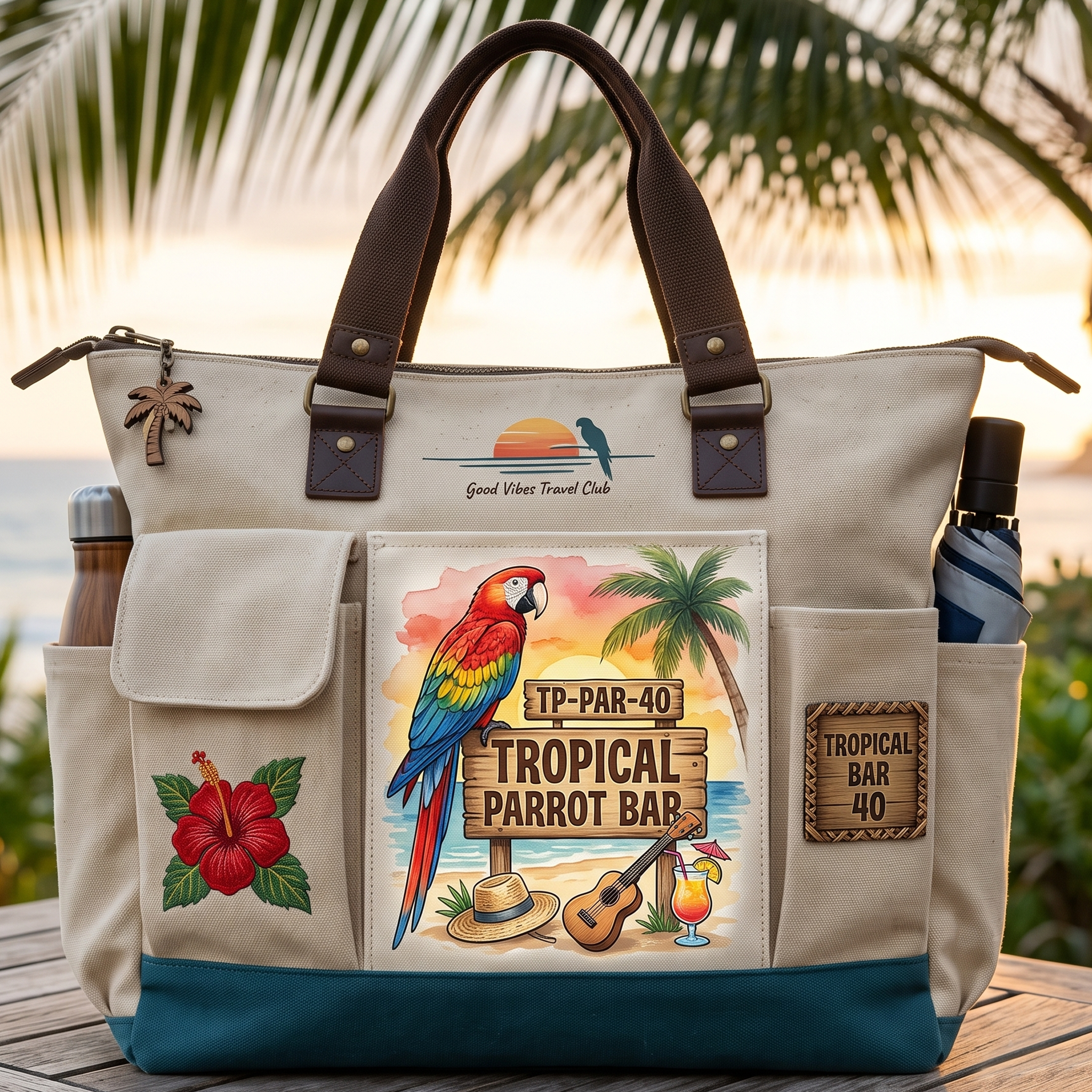 "Tropical Parrot Bar" Multi-Pocket Canvas Tote Bag