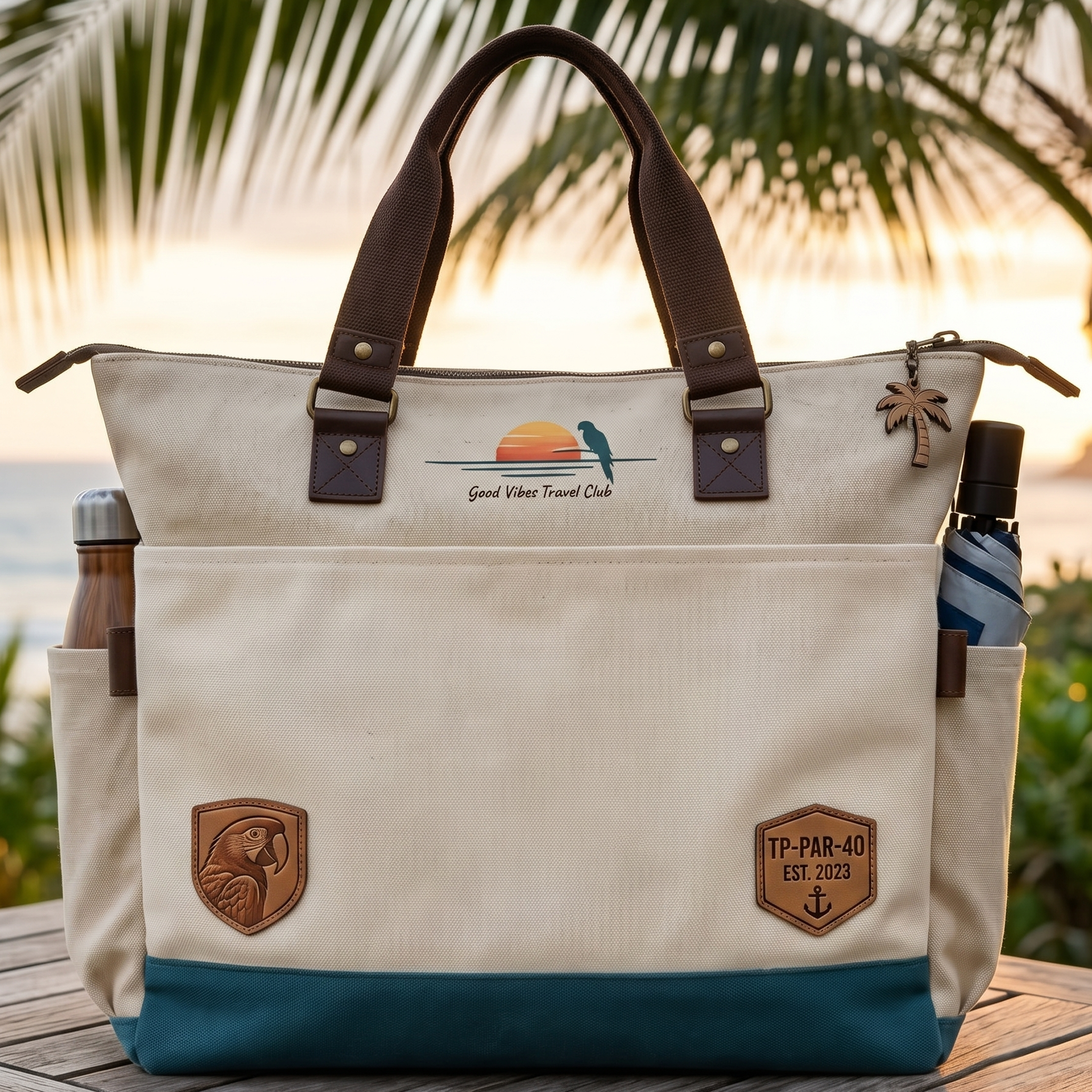 "Tropical Parrot Bar" Multi-Pocket Canvas Tote Bag