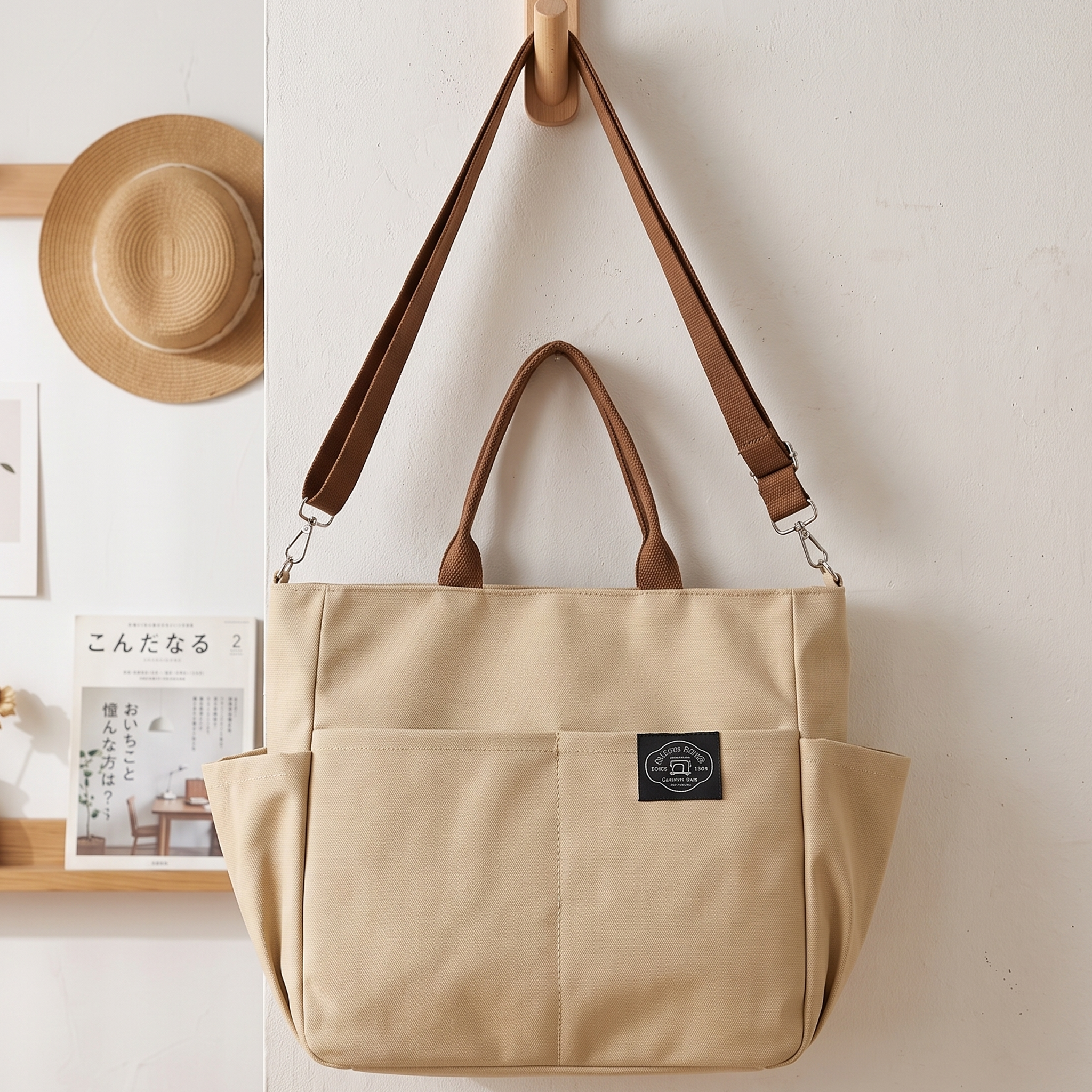 Minimalist Solid-Color Canvas Tote Bag with Large Capacity and Multiple Pockets