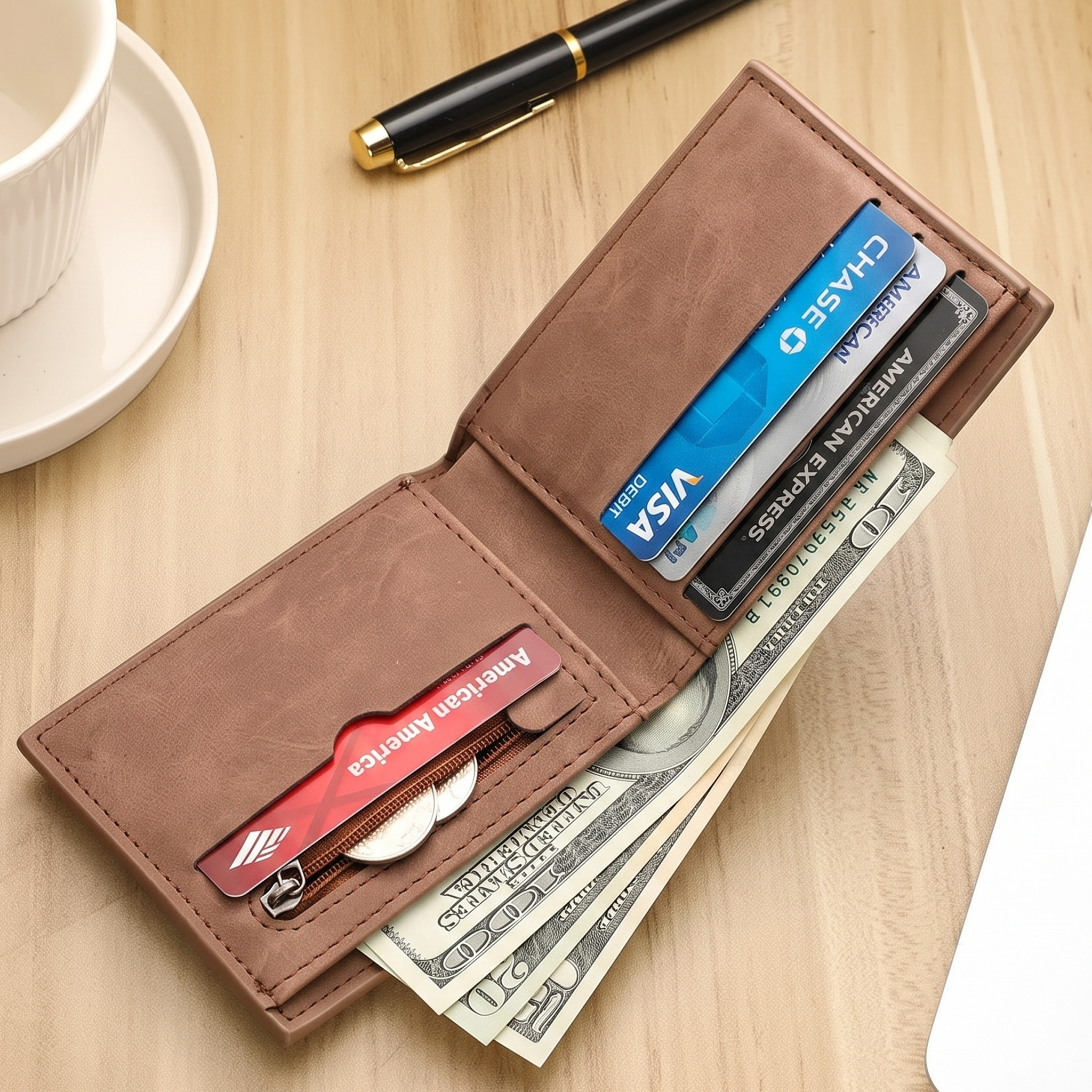 Classic vintage-style distressed brown bifold wallet
