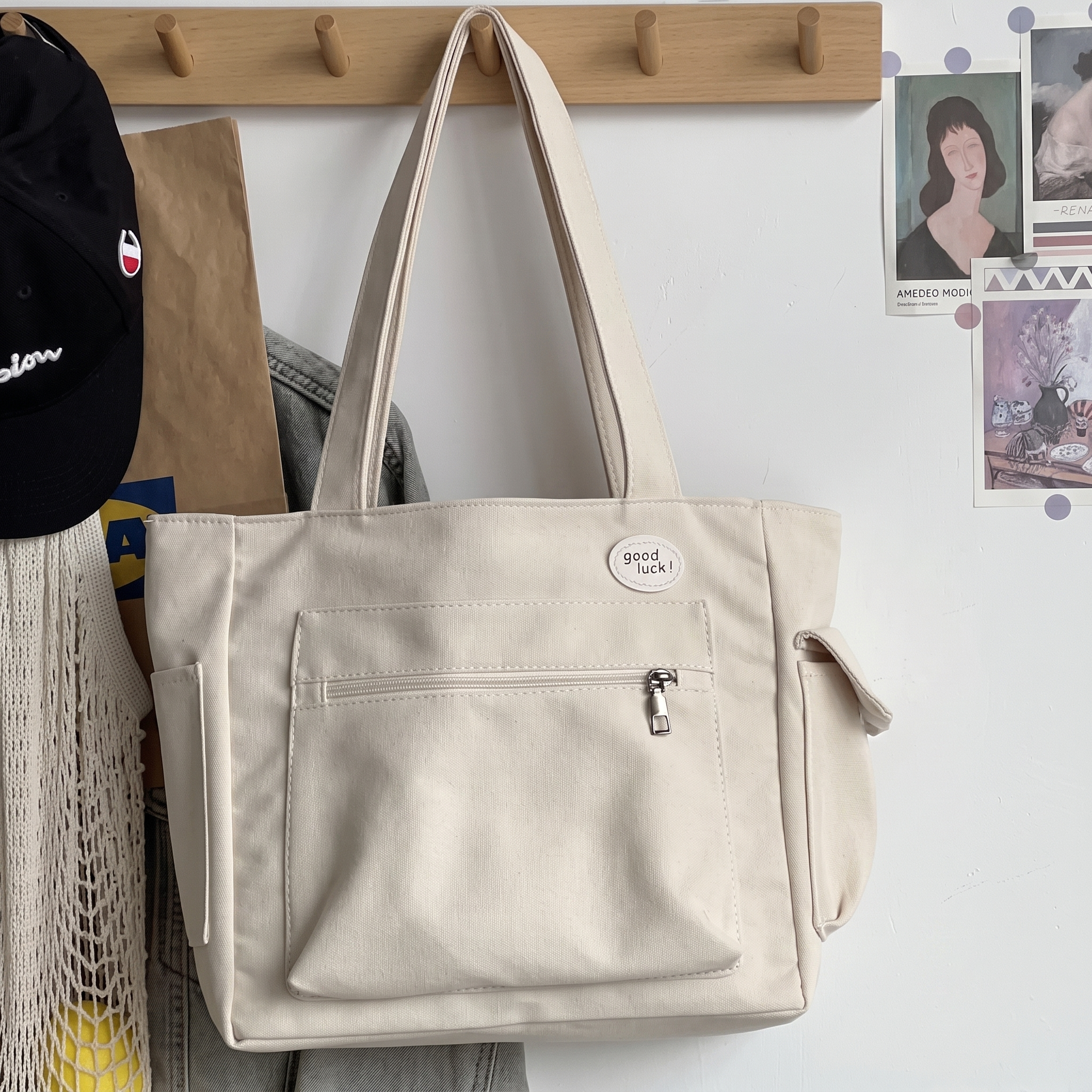 "Good Luck" Minimalist Multi-Pocket Canvas Shoulder Tote