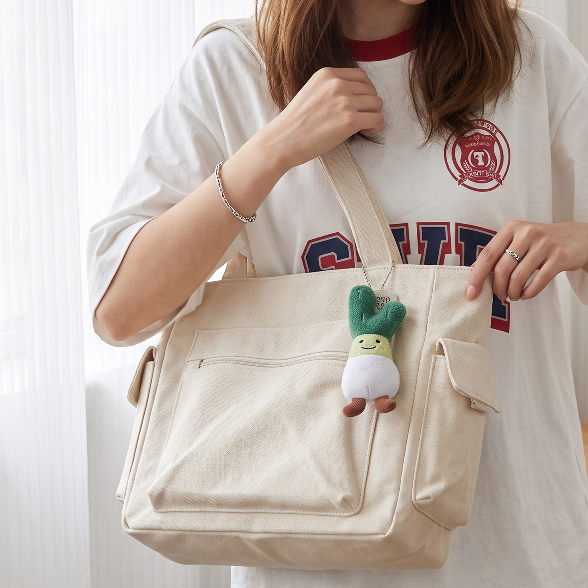 "Good Luck" Minimalist Multi-Pocket Canvas Shoulder Tote
