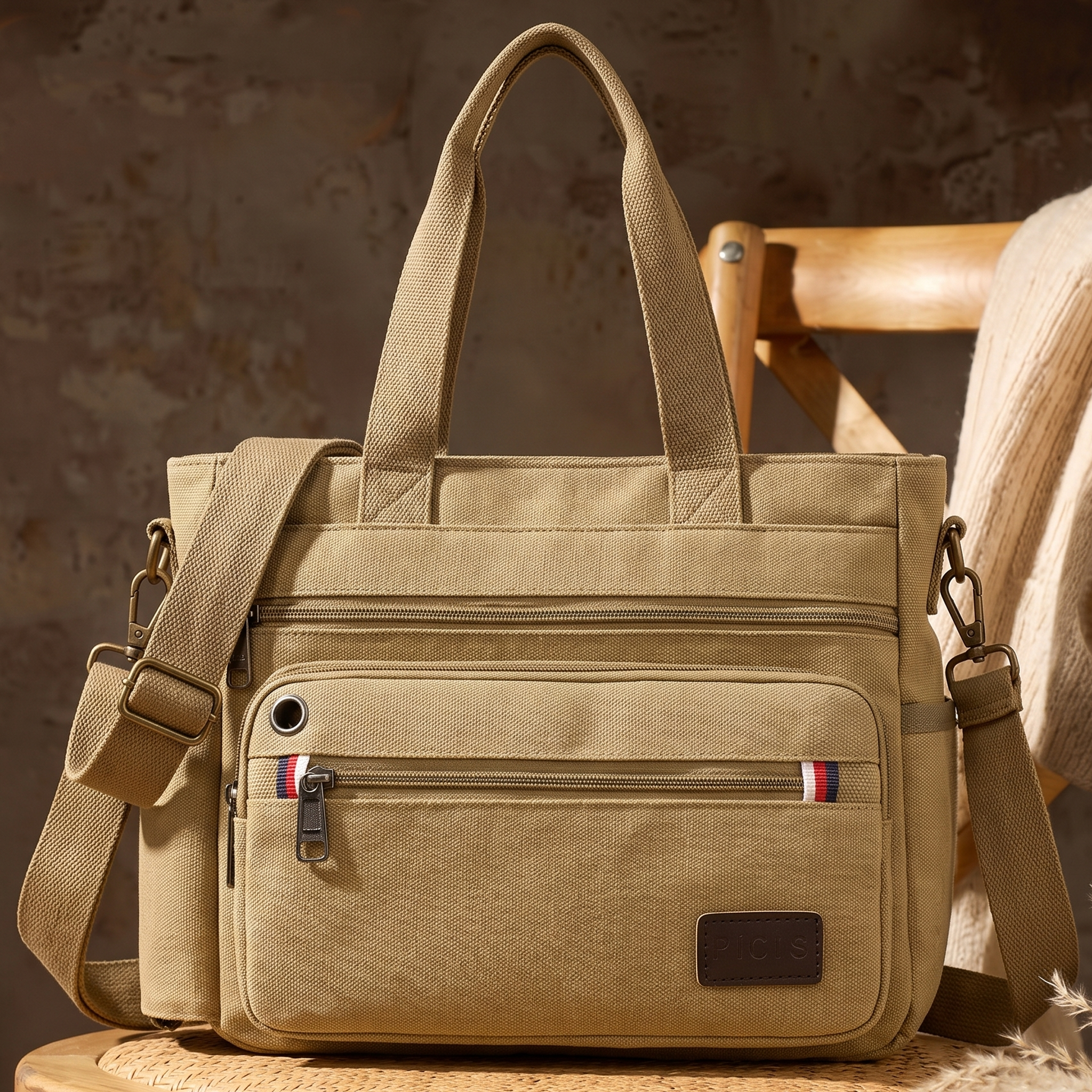 "PICIS" Classic Khaki Multi-Compartment Canvas Commuter Crossbody Bag