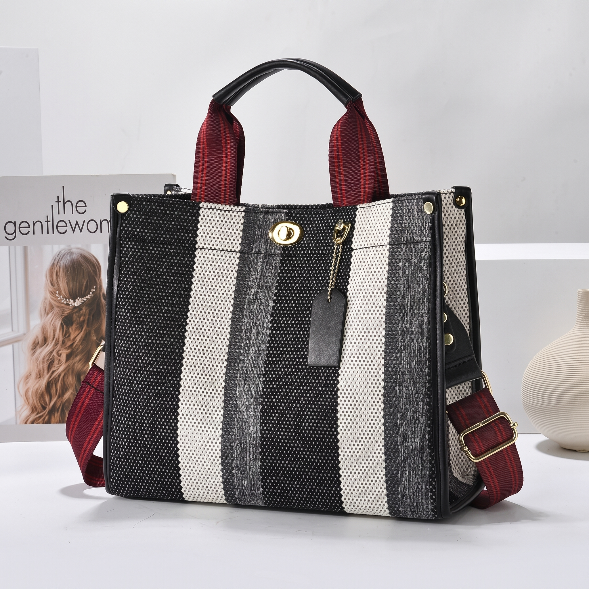 French-style vintage color-block striped commuter tote bag