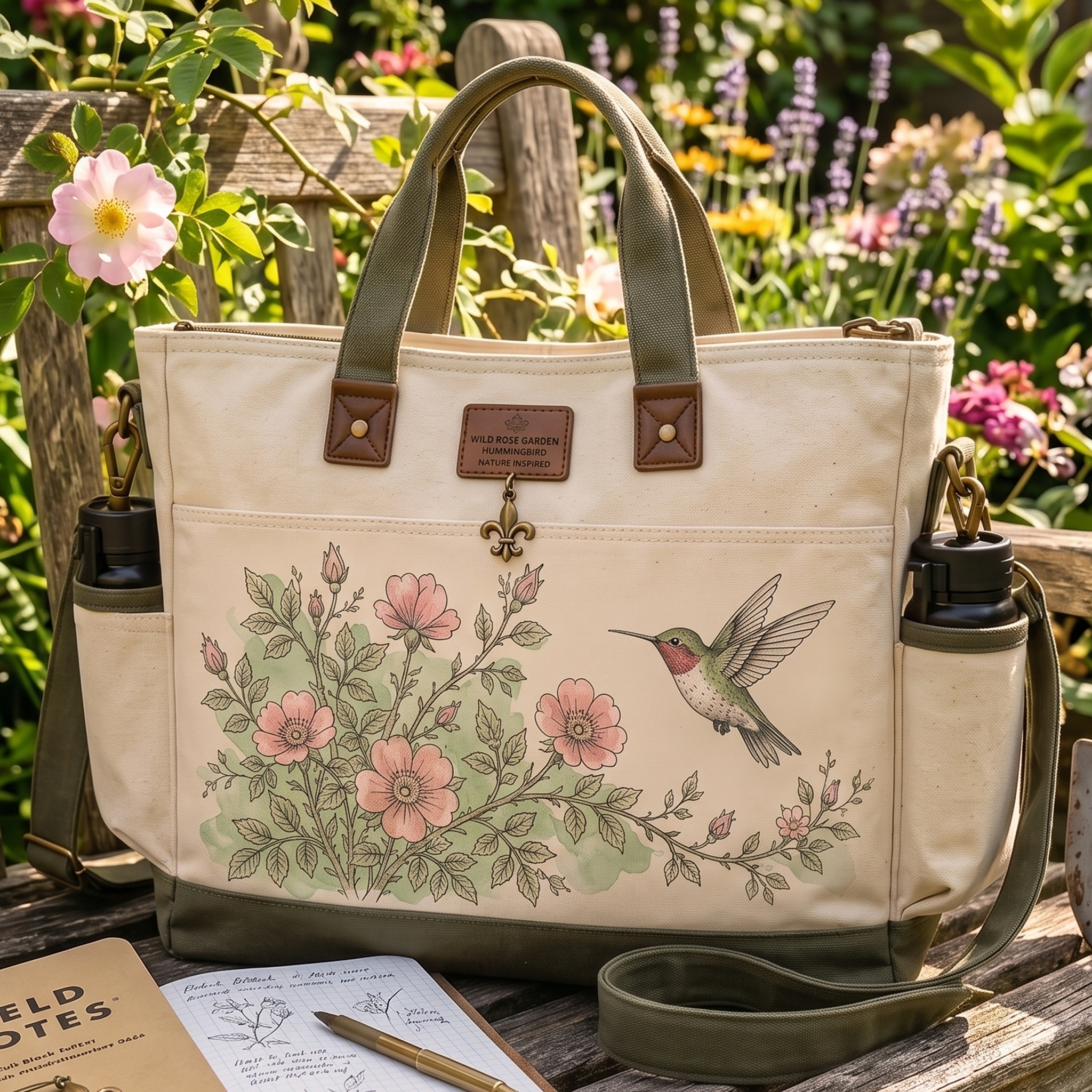 "Wild Rose Garden" Multi-Pocket Canvas Tote Bag featuring vintage botanical illustrations.
