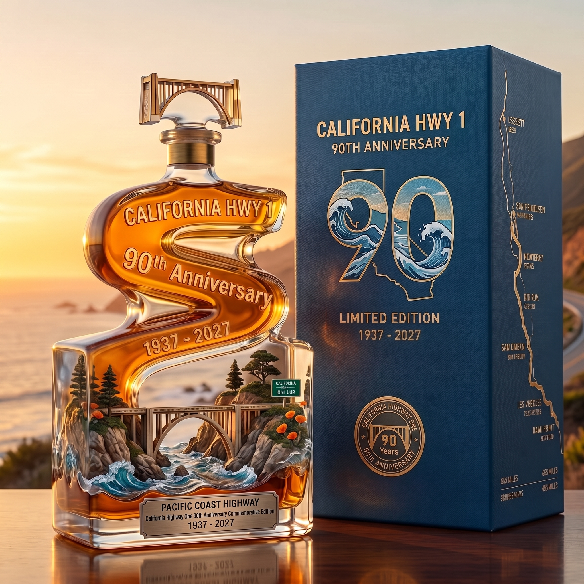 California Highway 1 (Pacific Coast Highway) 90th Anniversary Glass Decanter