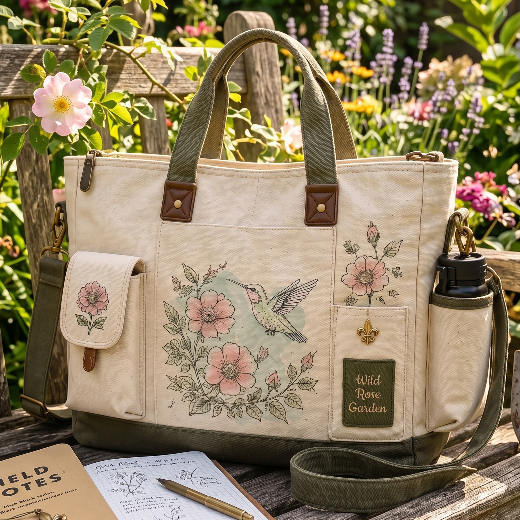 "Wild Rose Garden" Multi-Pocket Canvas Tote Bag featuring vintage botanical illustrations.