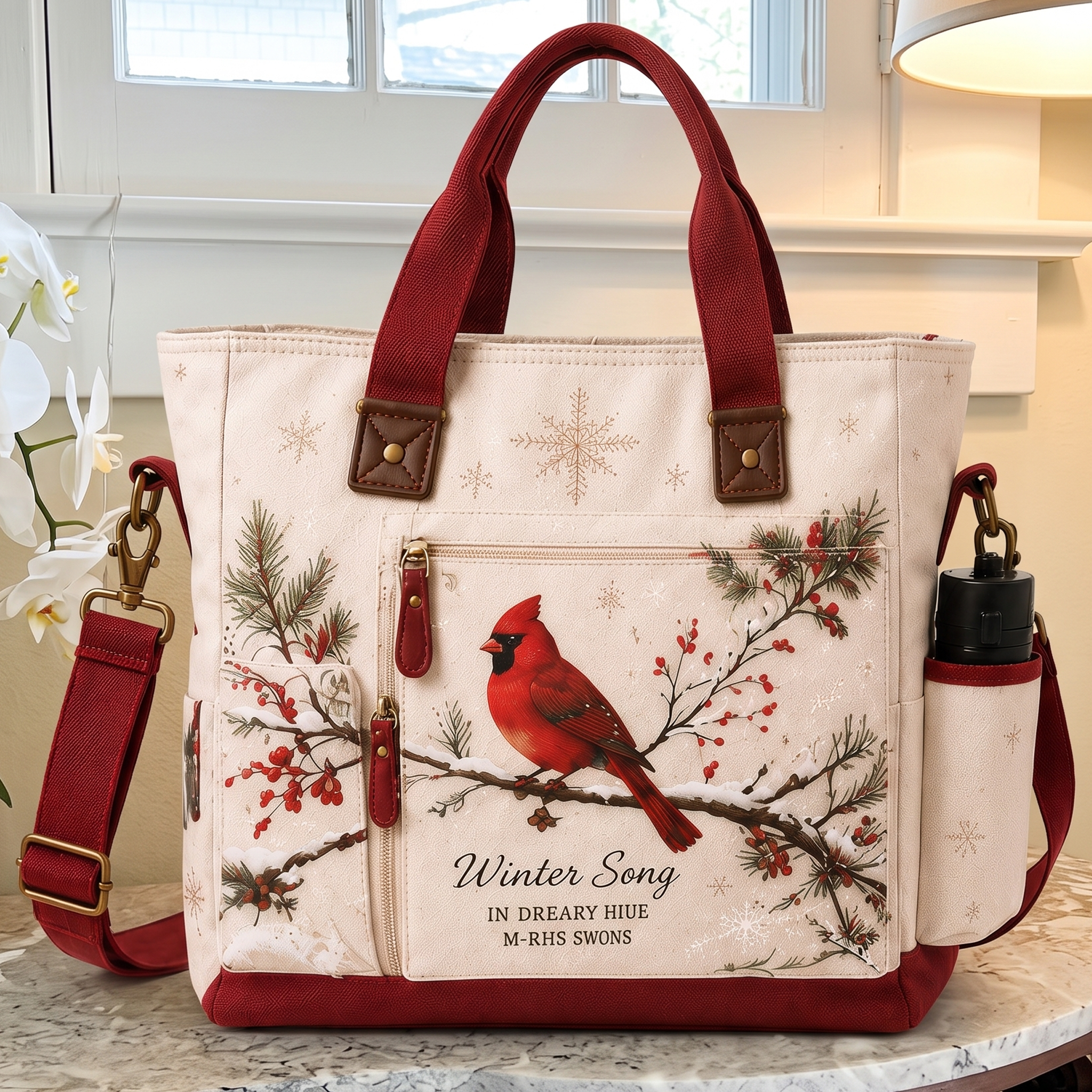 "Winter Song" Northern Cardinal Vintage-Style Multifunctional Canvas Tote Bag