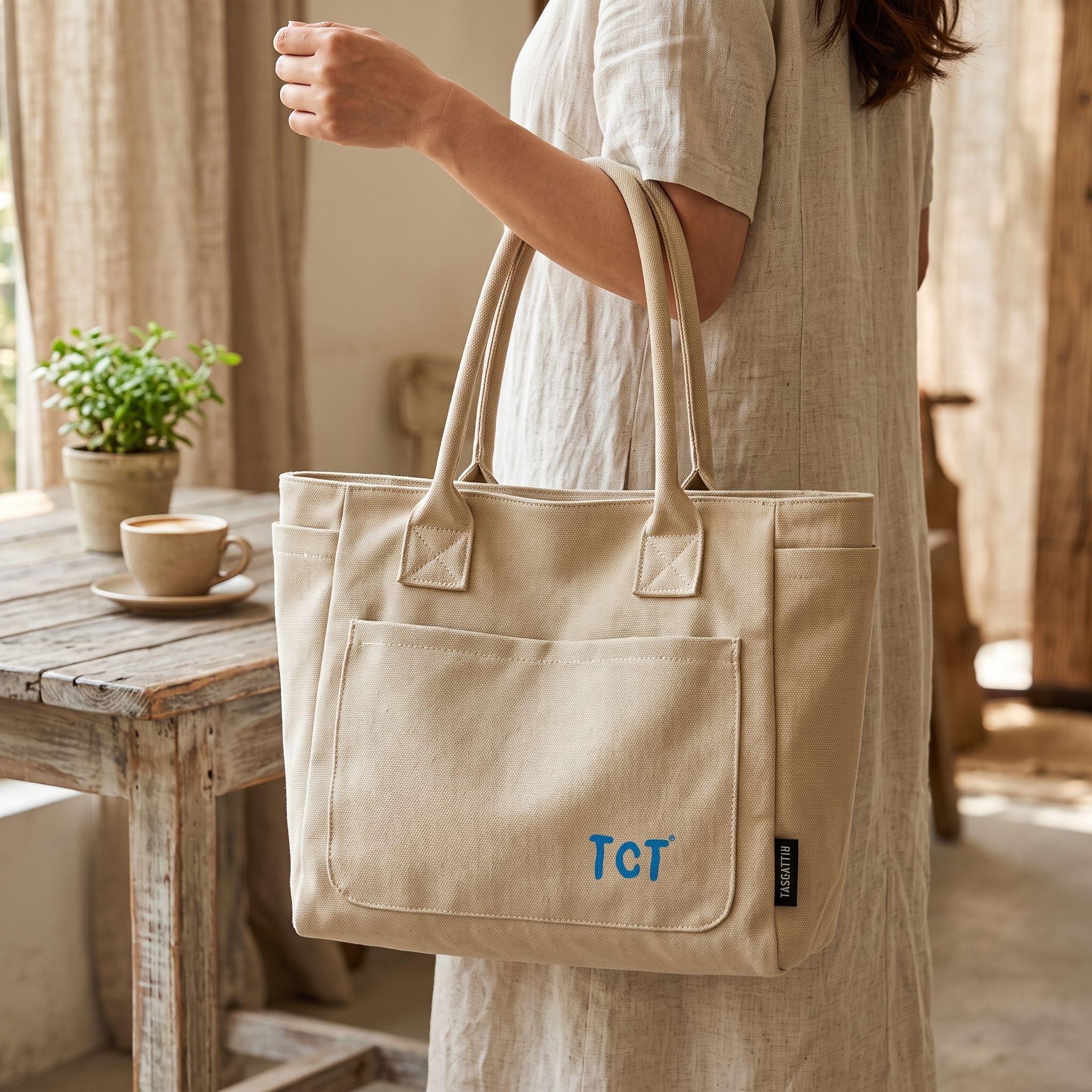 "TCT" Minimalist Sand-Colored Multi-Pocket Canvas Shoulder Tote