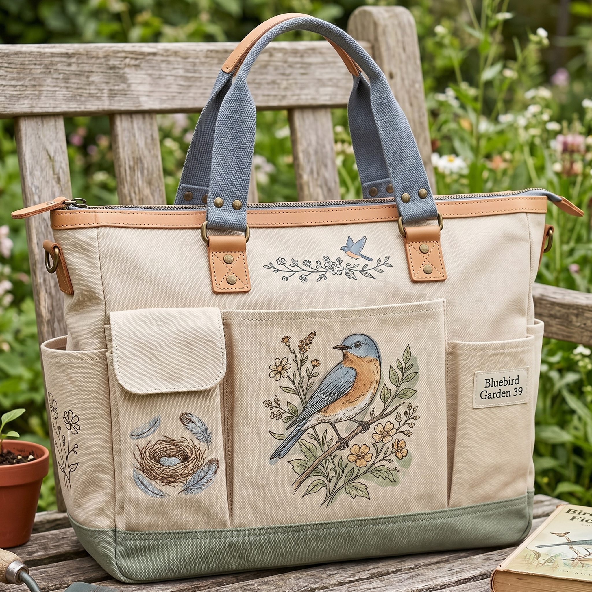 Bluebird Garden Retro hand-painted style multi-pocket canvas tote bag