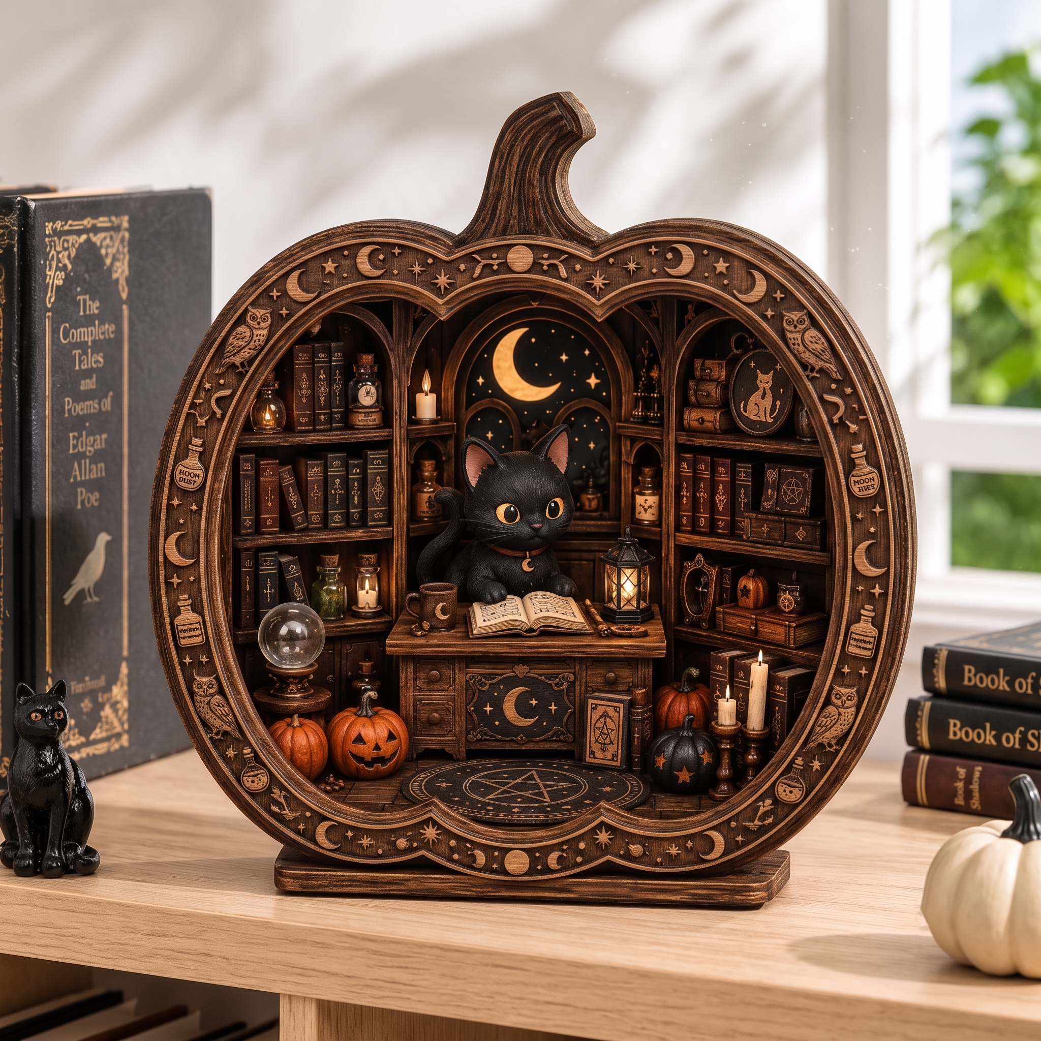 "Magical Pumpkin House" Black Cat Bookend