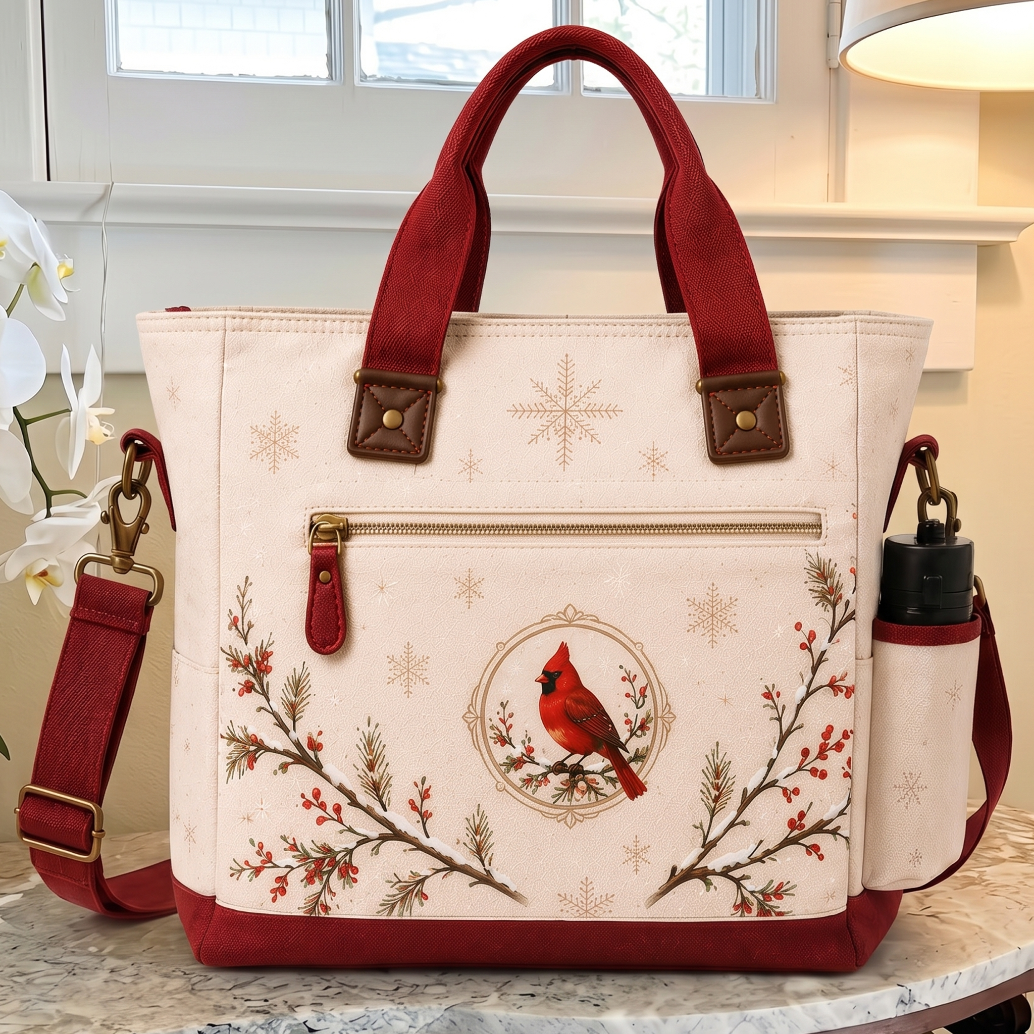 "Winter Song" Northern Cardinal Vintage-Style Multifunctional Canvas Tote Bag
