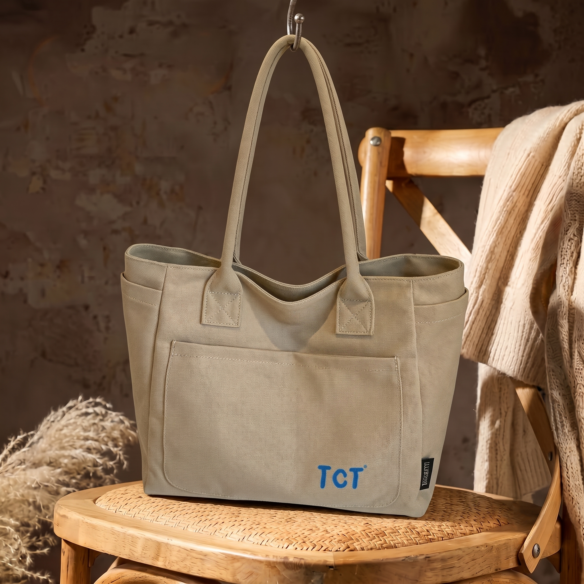 "TCT" Minimalist Sand-Colored Multi-Pocket Canvas Shoulder Tote