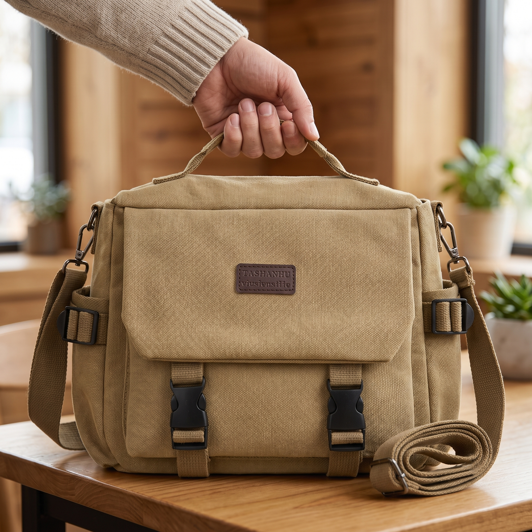 Vintage-style khaki multifunctional canvas flap crossbody bag