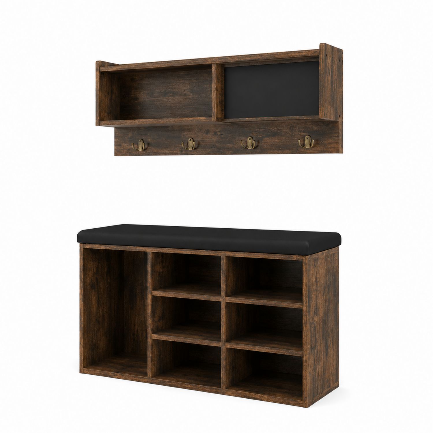 Garderobenmöbel Set mit Wandregal und Sitzbank aus Holz Dunkelbraun und Kunstleder Schwarz
