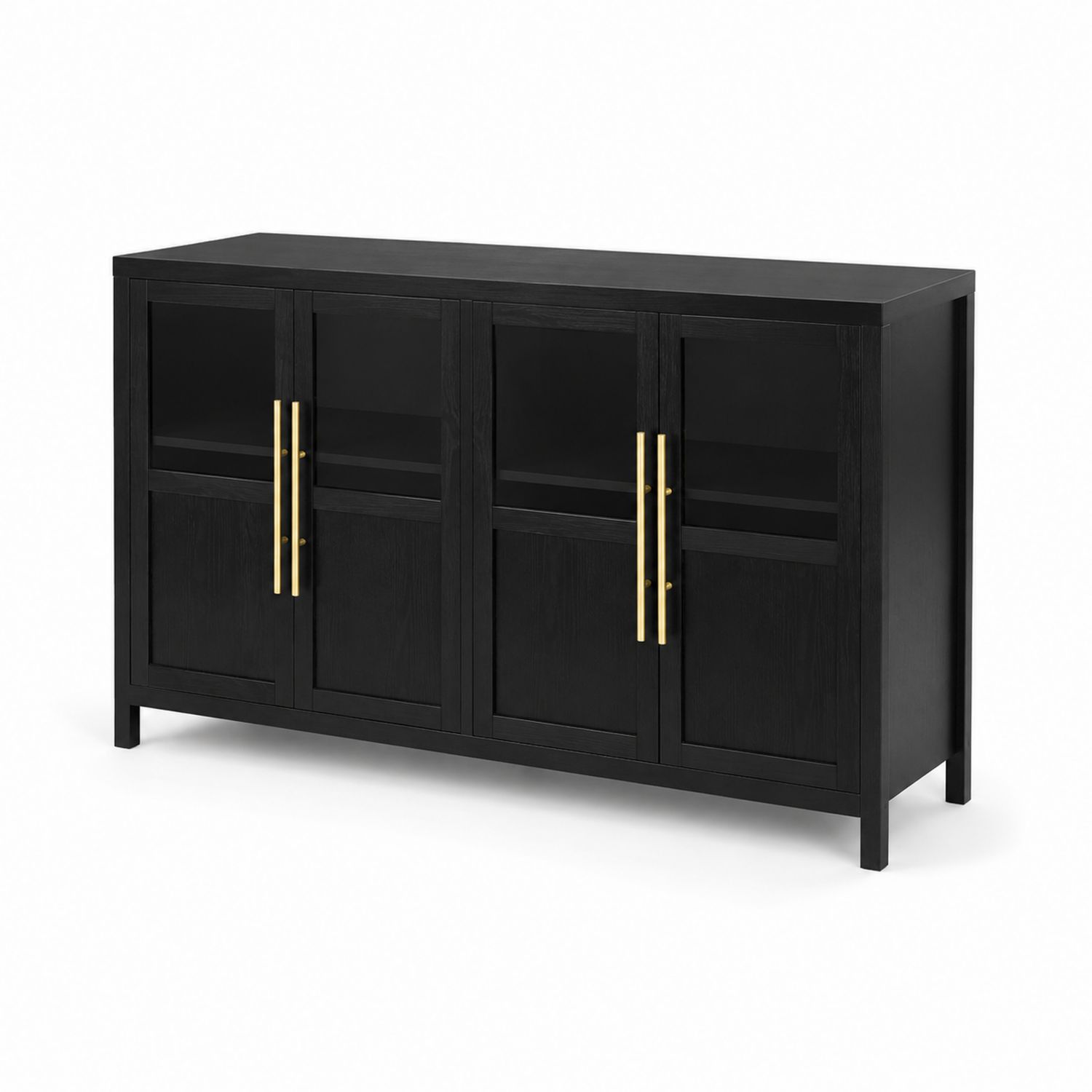 Holz-Sideboard mit gehärteten Glastüren und Messinggriffen, Schwarz