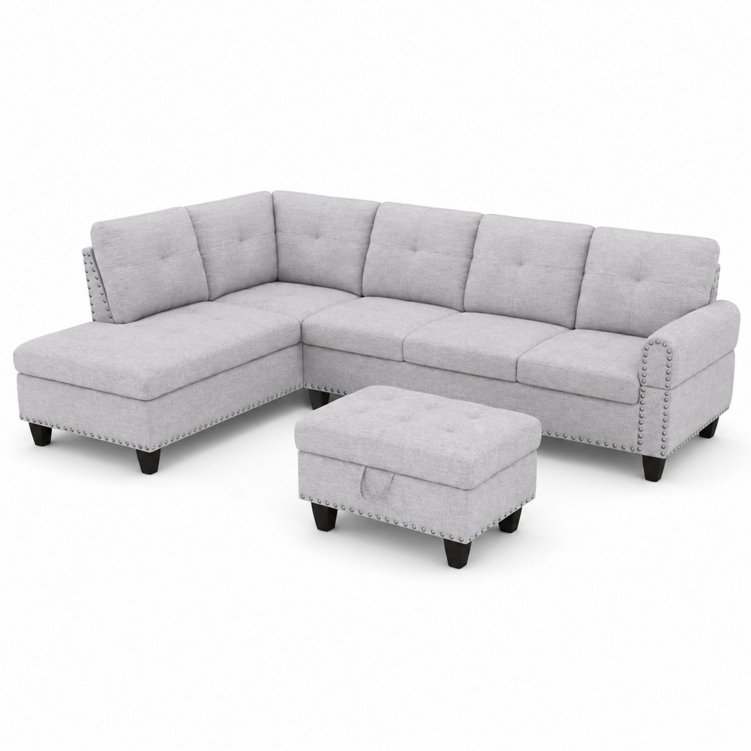 Ecksofa mit Ottomane Set L-Form Leinwandstoff Hellgrau 260x160 cm