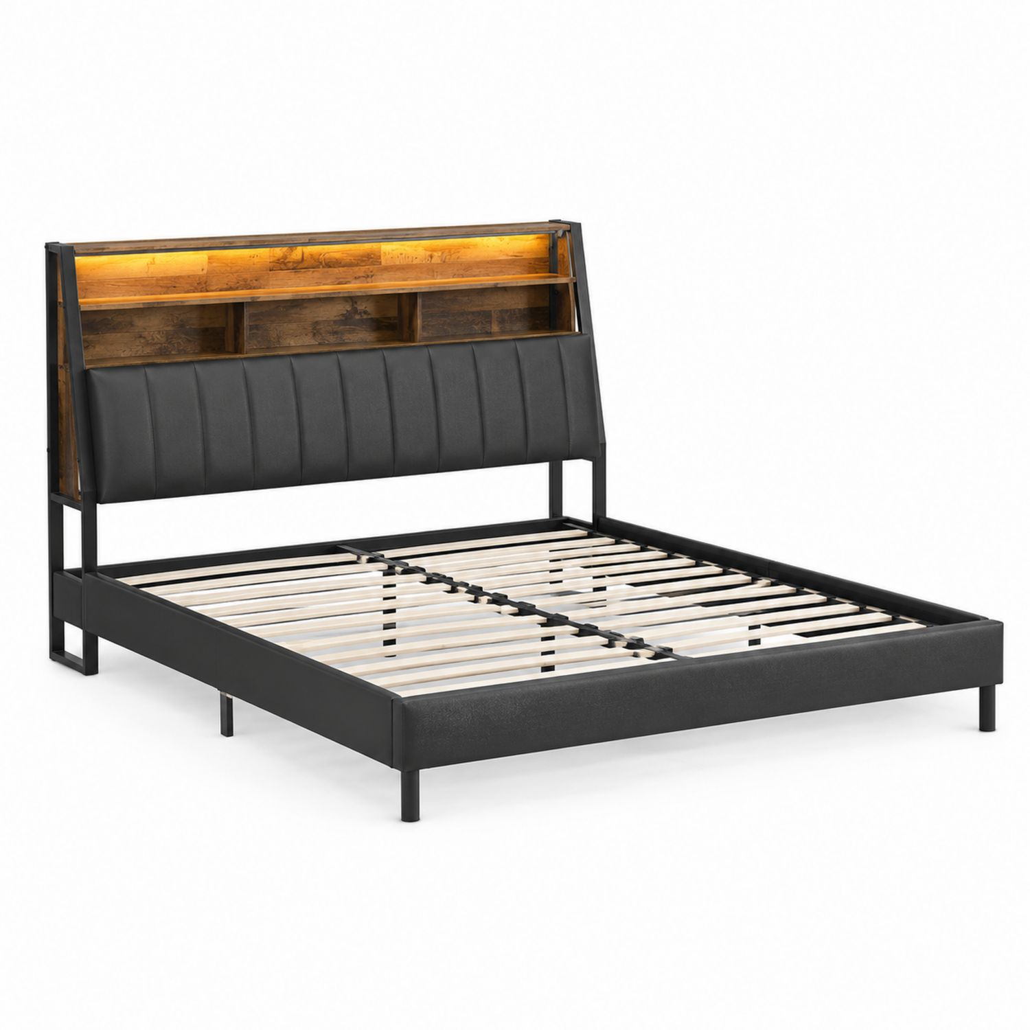 Bett mit LED und Stauraum Holz-Metall 200x160 cm Schwarz