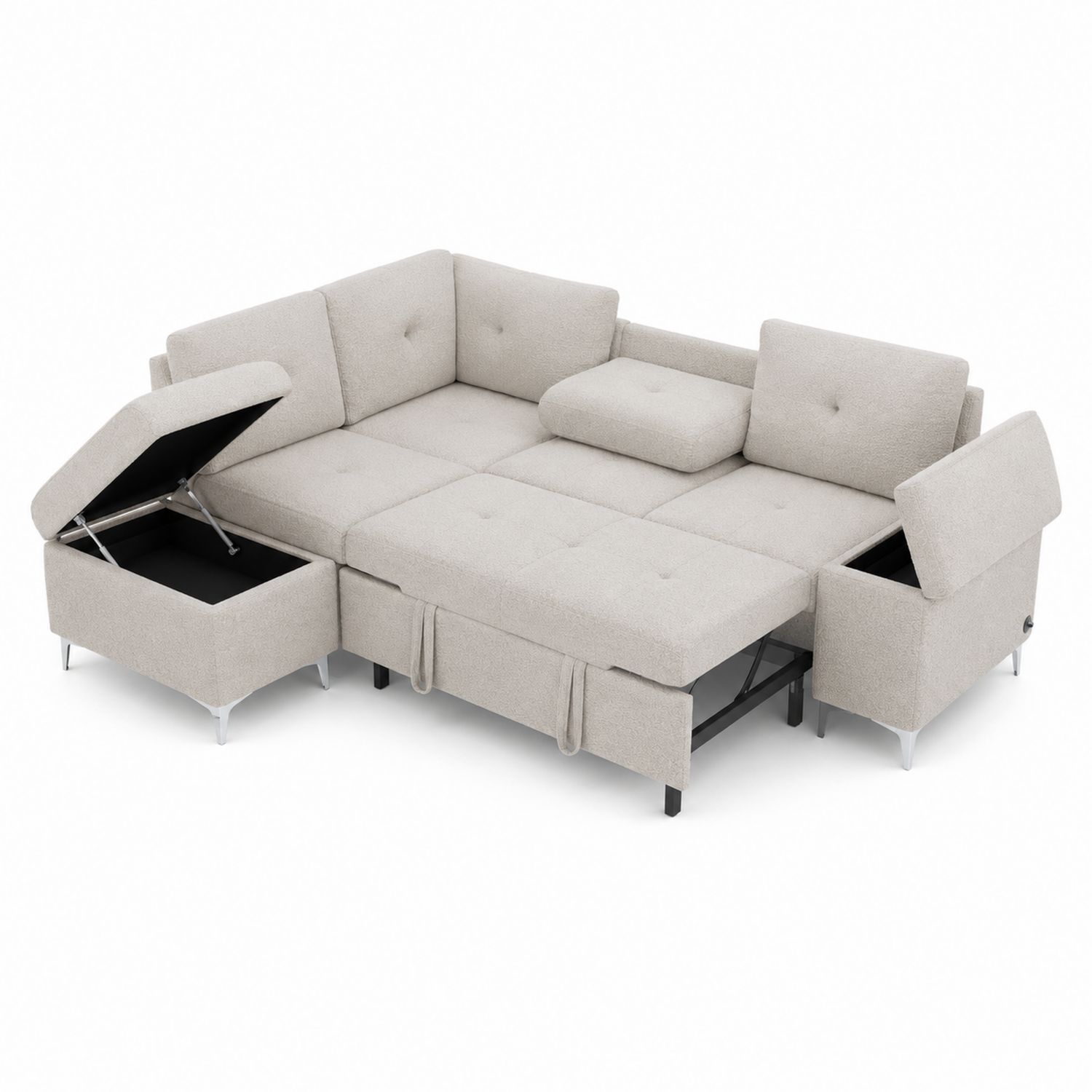 Ecksofa L-Form Beige Polyester mit Stauraum und Schlaffunktion
