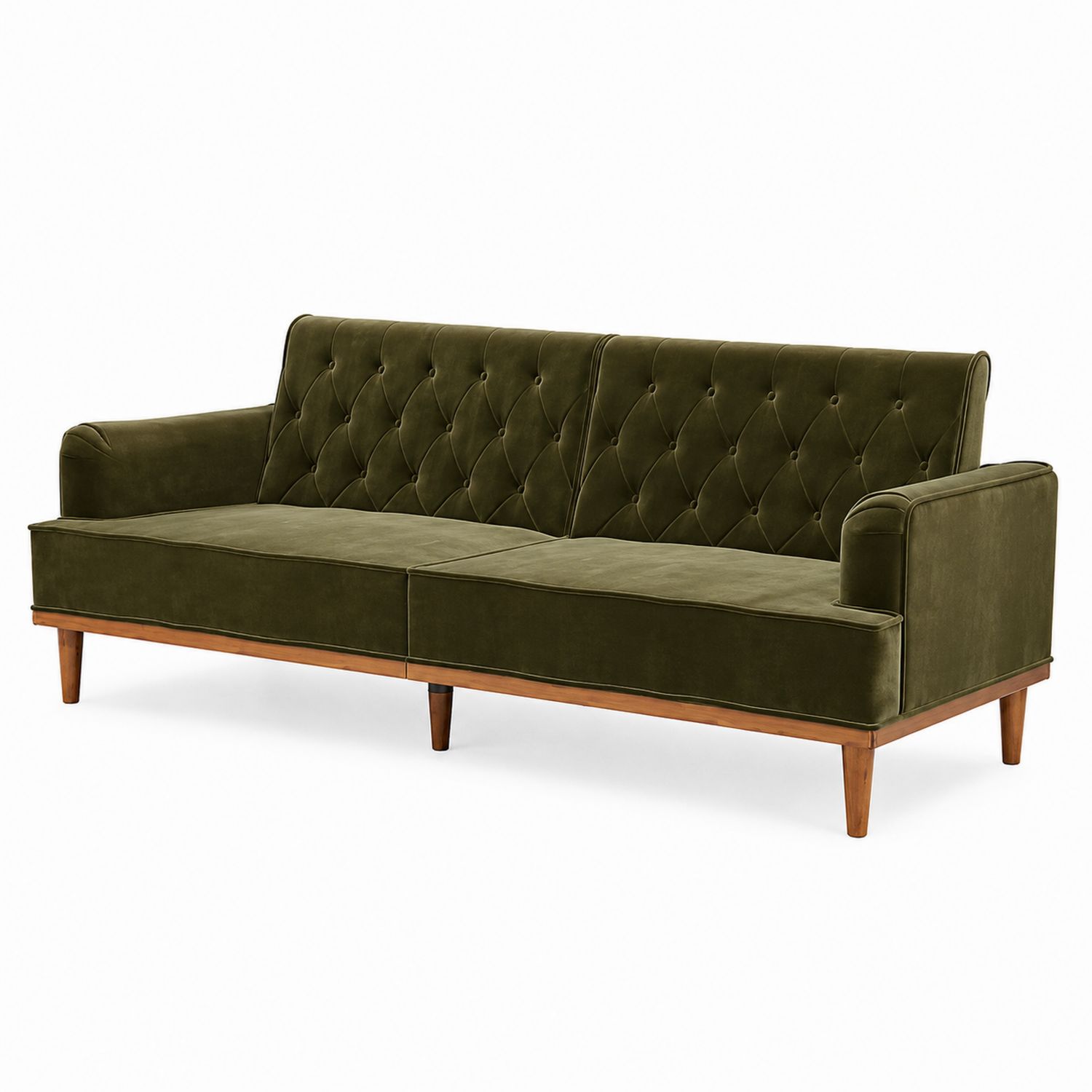 Sofá de terciopelo verde con estructura de madera
